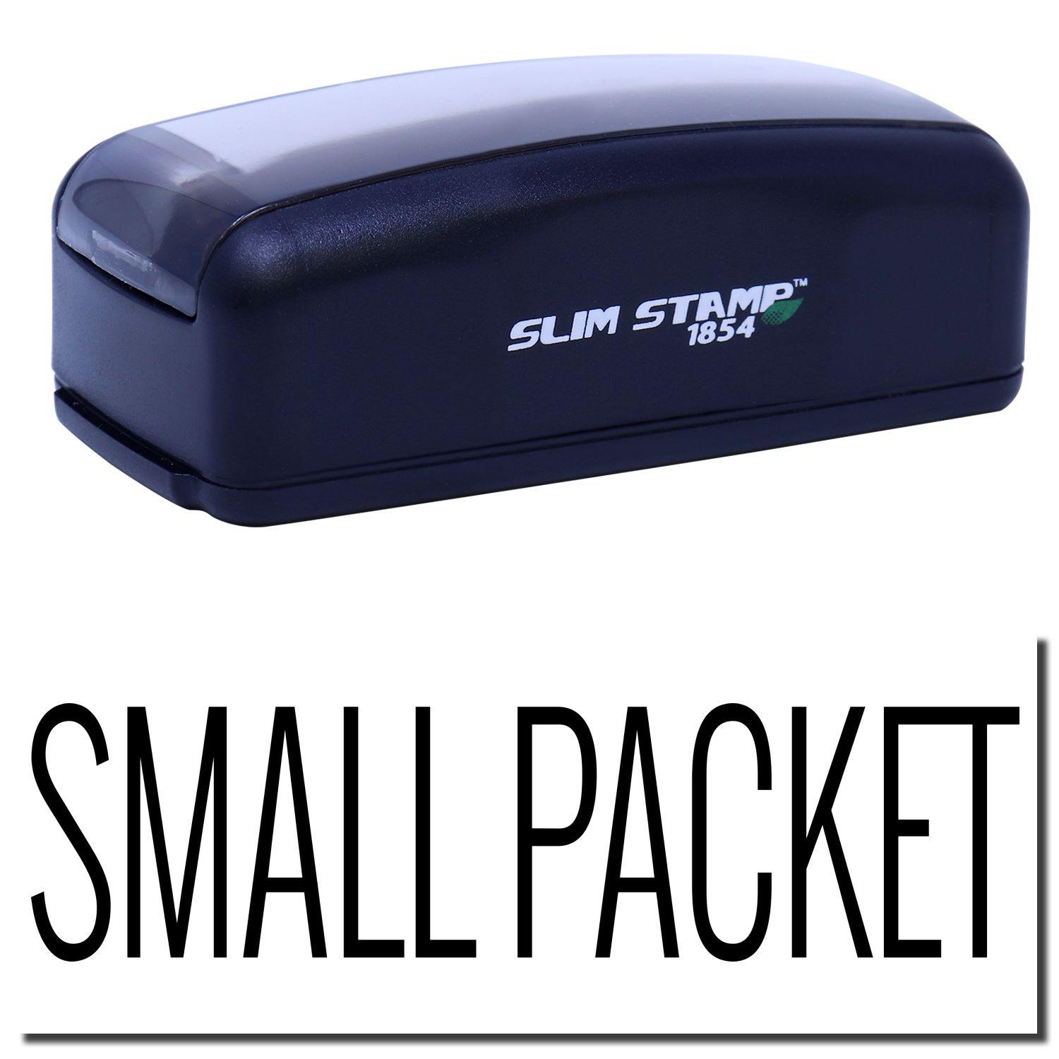 Large Pre-Inked Small Packet Stamp in black with SLIM STAMP 1854 branding, shown above the text SMALL PACKET in bold letters.