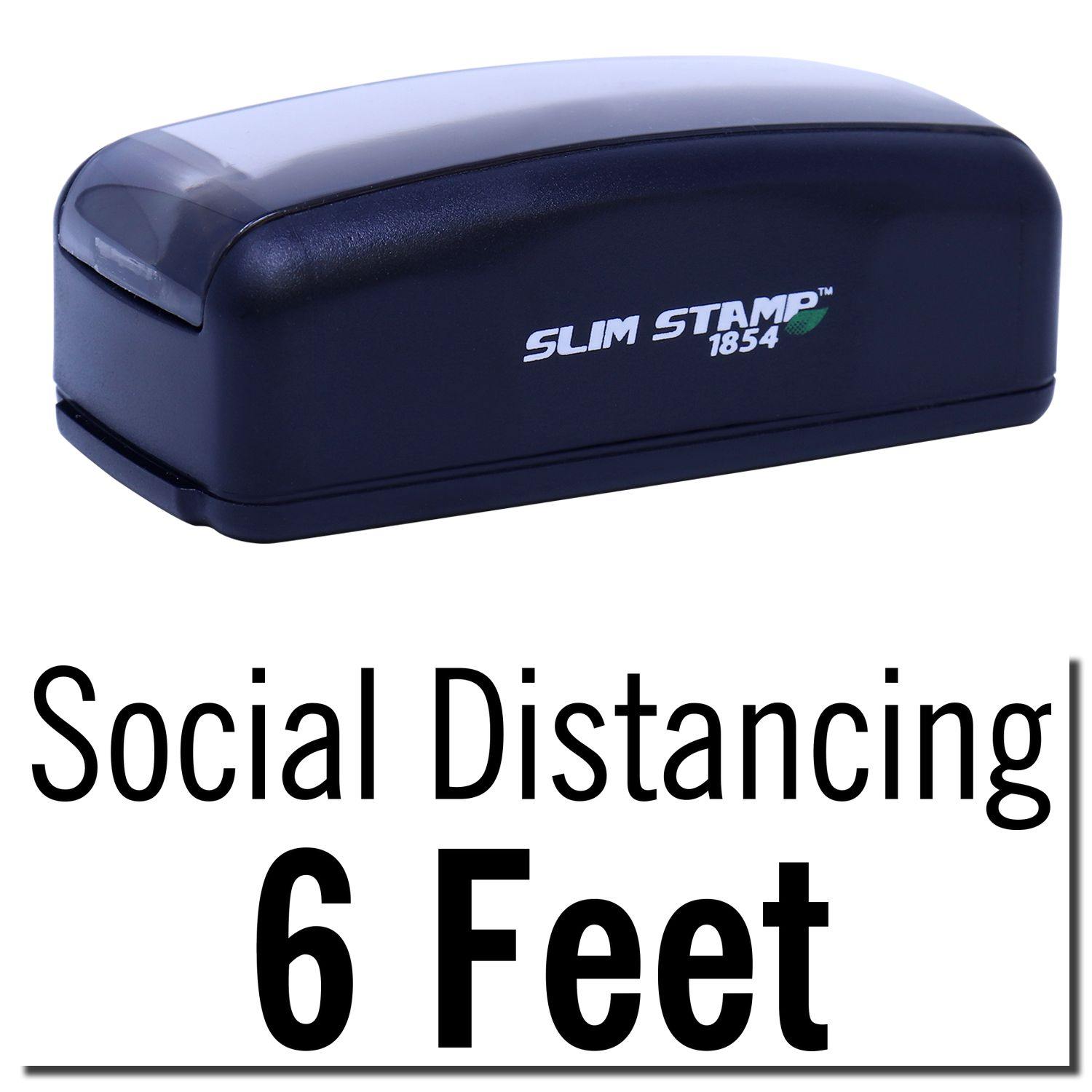 Large Pre-Inked Social Distancing 6 Feet Stamp in black, featuring SLIM STAMP 1854 branding, designed for marking social distancing guidelines.