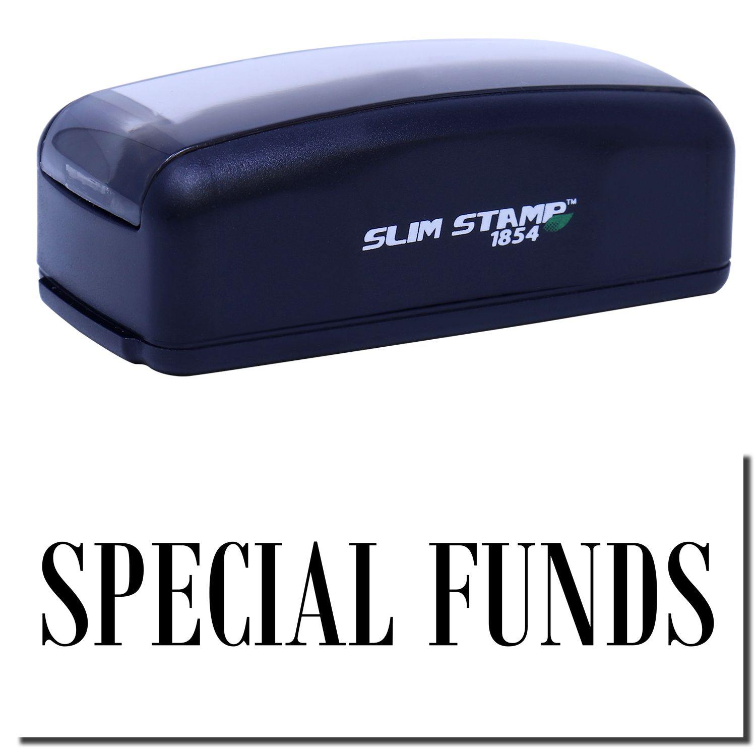 Large Pre-Inked Special Funds Stamp in black with SPECIAL FUNDS text imprint, featuring a compact design and SLIM STAMP 1854 branding.