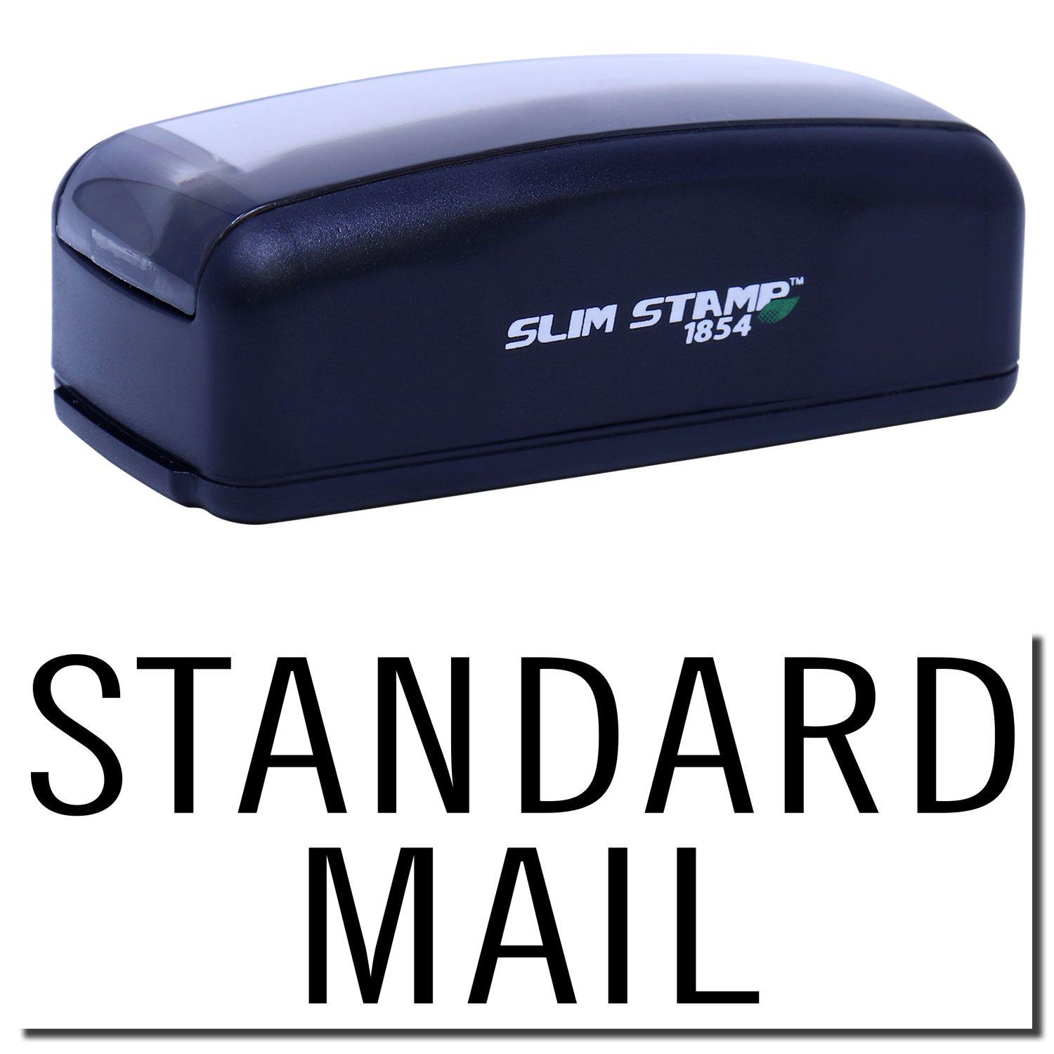 Large Pre-Inked Standard Mail Stacked Stamp in black with STANDARD MAIL text below. Compact design for efficient mail stamping.