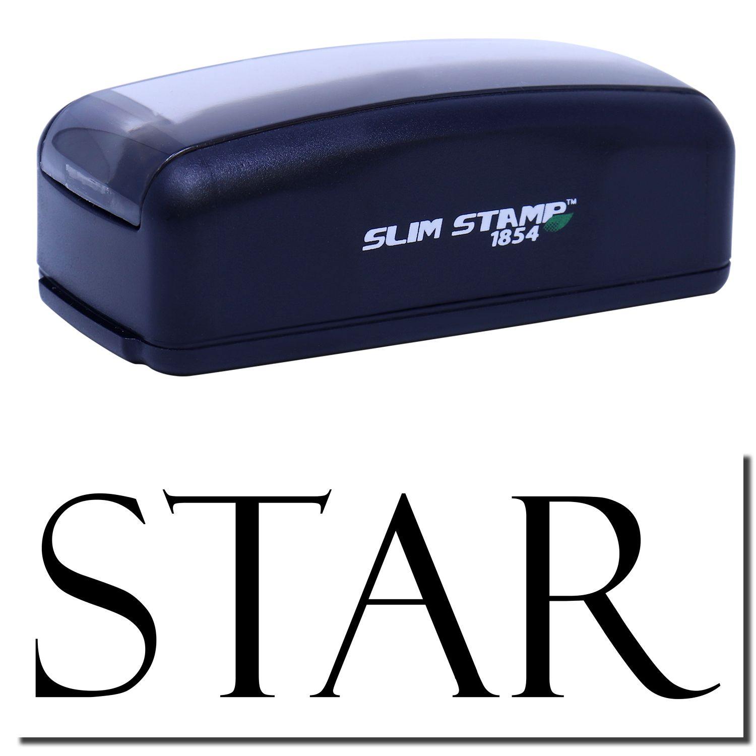 Large Pre-Inked Star Stamp with a black casing and SLIM STAMP 1854 label, shown above a stamped image of the word STAR in bold letters.