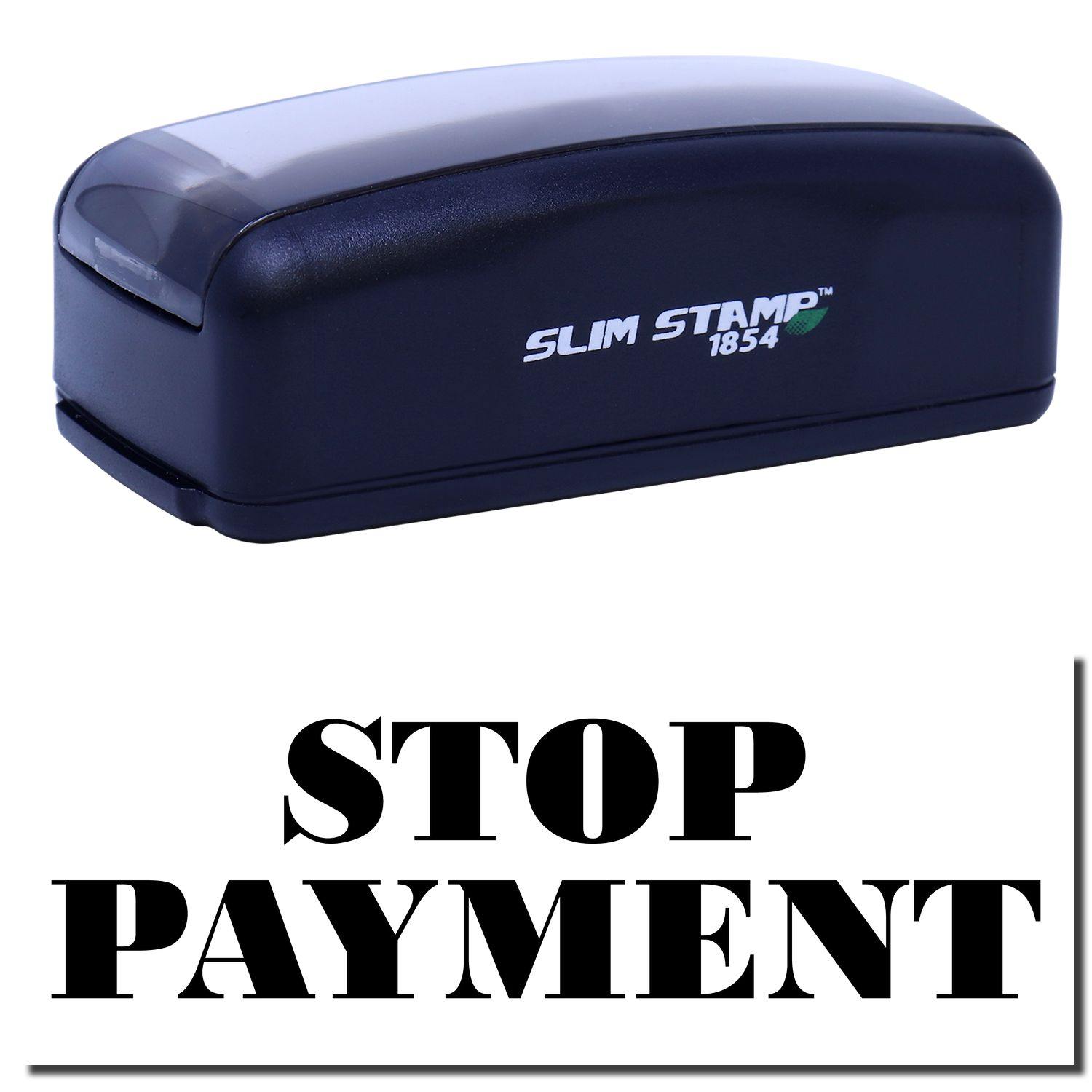 Large Pre-Inked Stop Payment Stamp in black with STOP PAYMENT text displayed below. Compact design, ideal for office use.