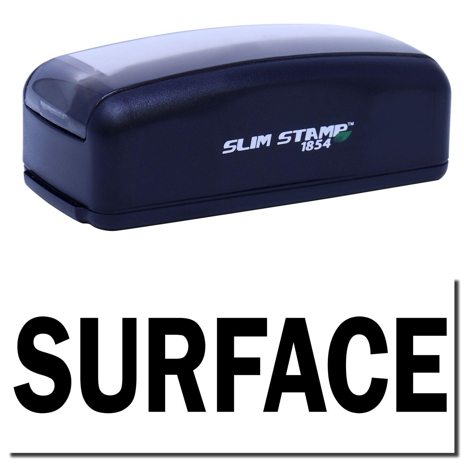 Large Pre-Inked Surface Stamp in black with SLIM STAMP 1854 text on the side, shown above the word SURFACE in bold black letters.