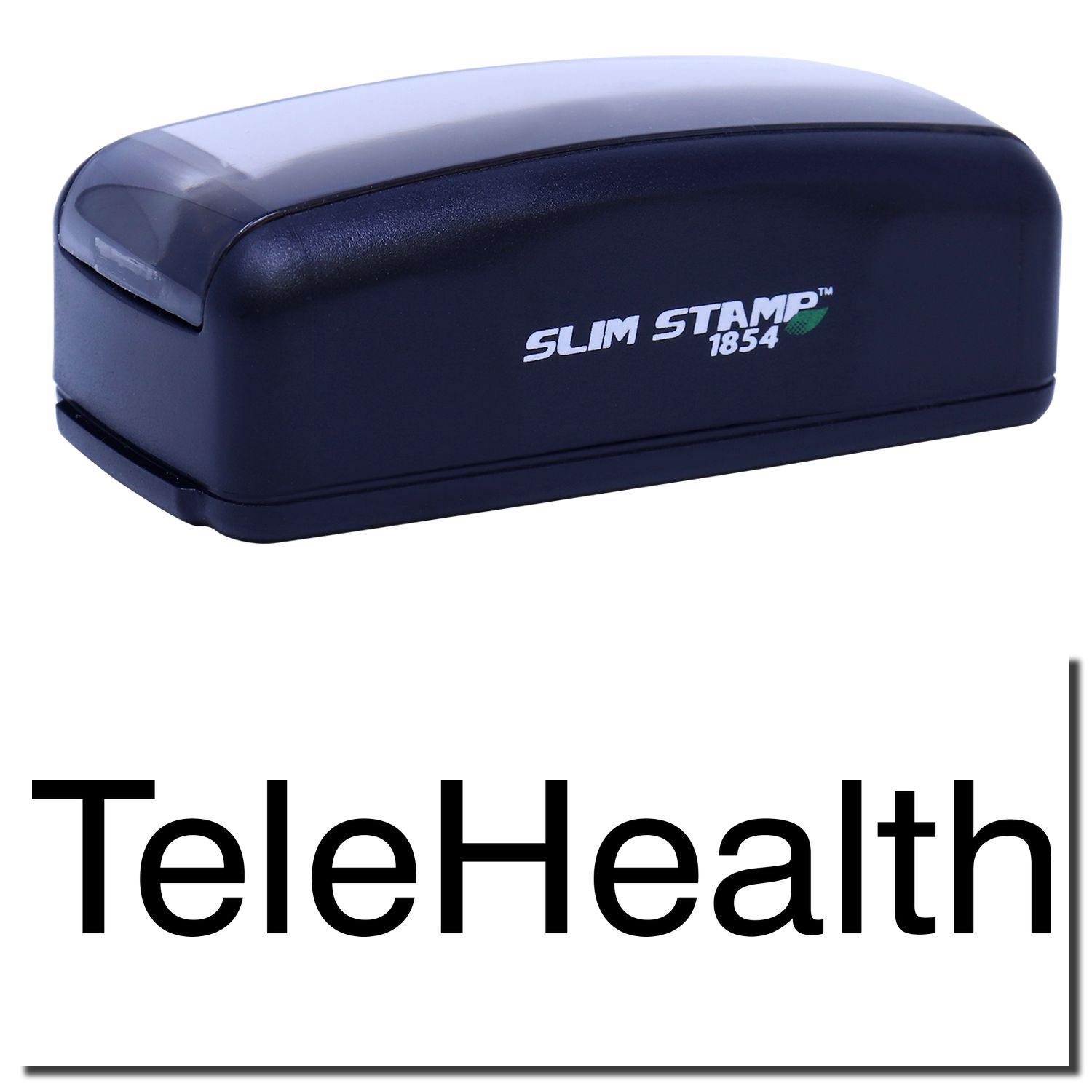 Large Pre-Inked Telehealth Stamp in black with TeleHealth text stamped below. Compact design, labeled SLIM STAMP 1854 on the side.