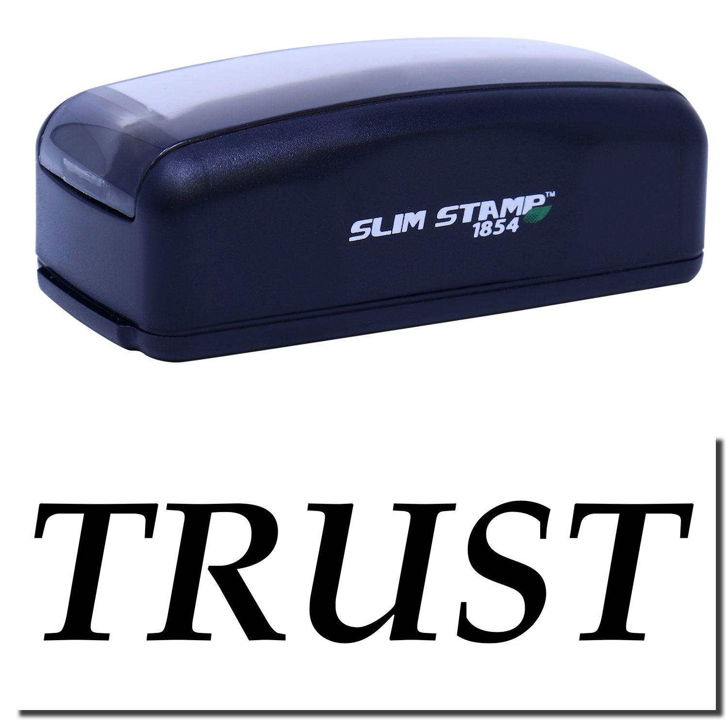 Large Pre-Inked Trust Stamp in black with SLIM STAMP 1854 branding, shown above a stamped TRUST impression in bold black letters.