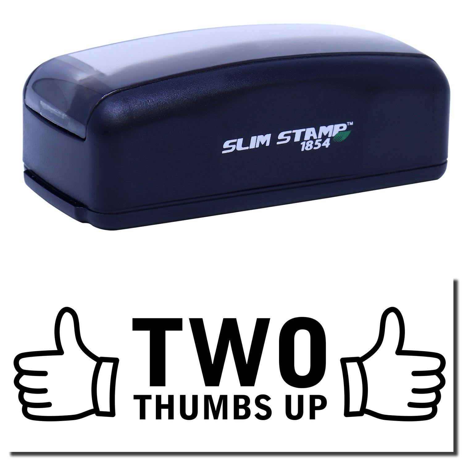 Large Pre-Inked Two Thumbs Up with Thumb Icon Stamp in black, featuring a TWO THUMBS UP imprint with thumb icons on either side.