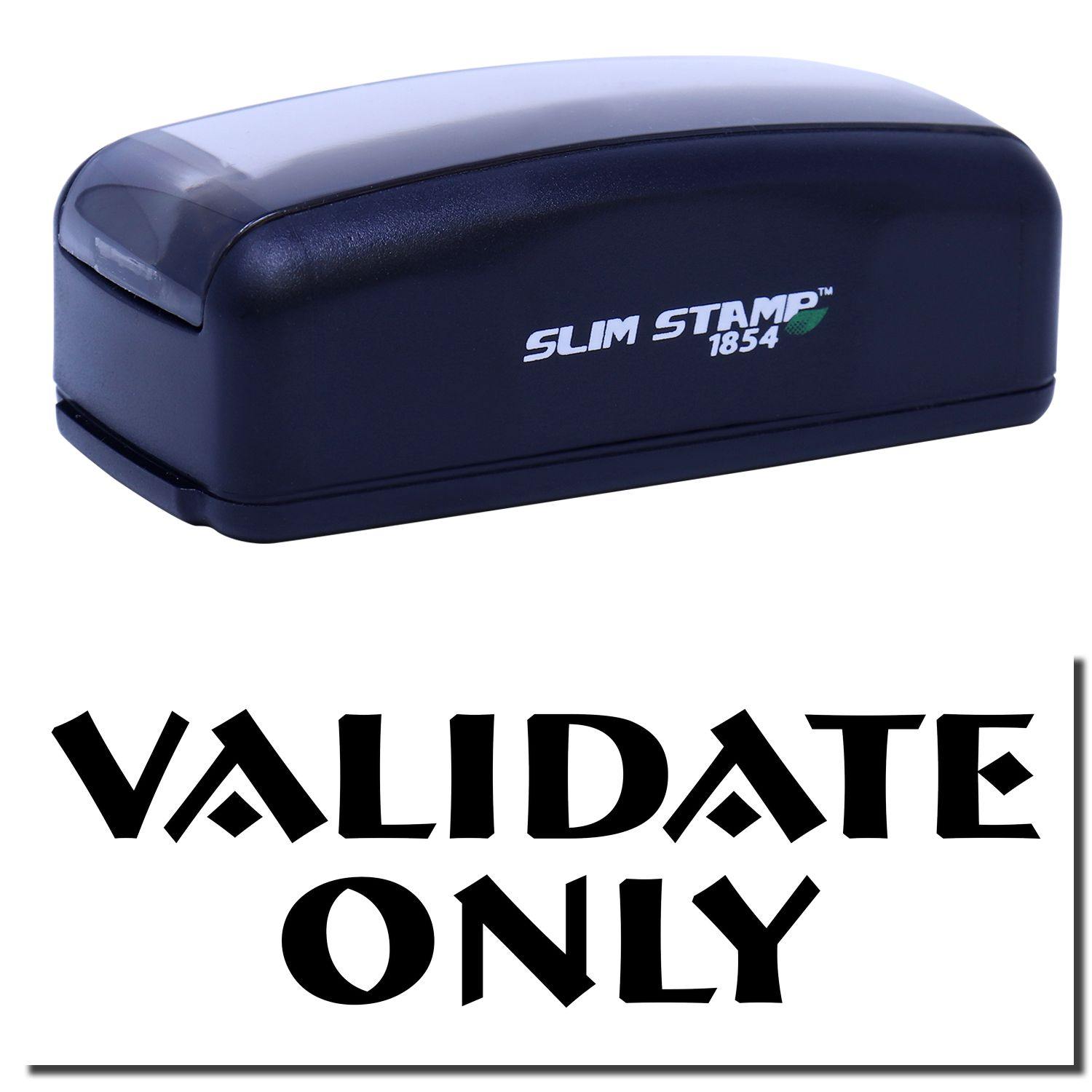 Large Pre-Inked Validate Only Stamp in black with VALIDATE ONLY text imprint, shown with a sleek, compact design.