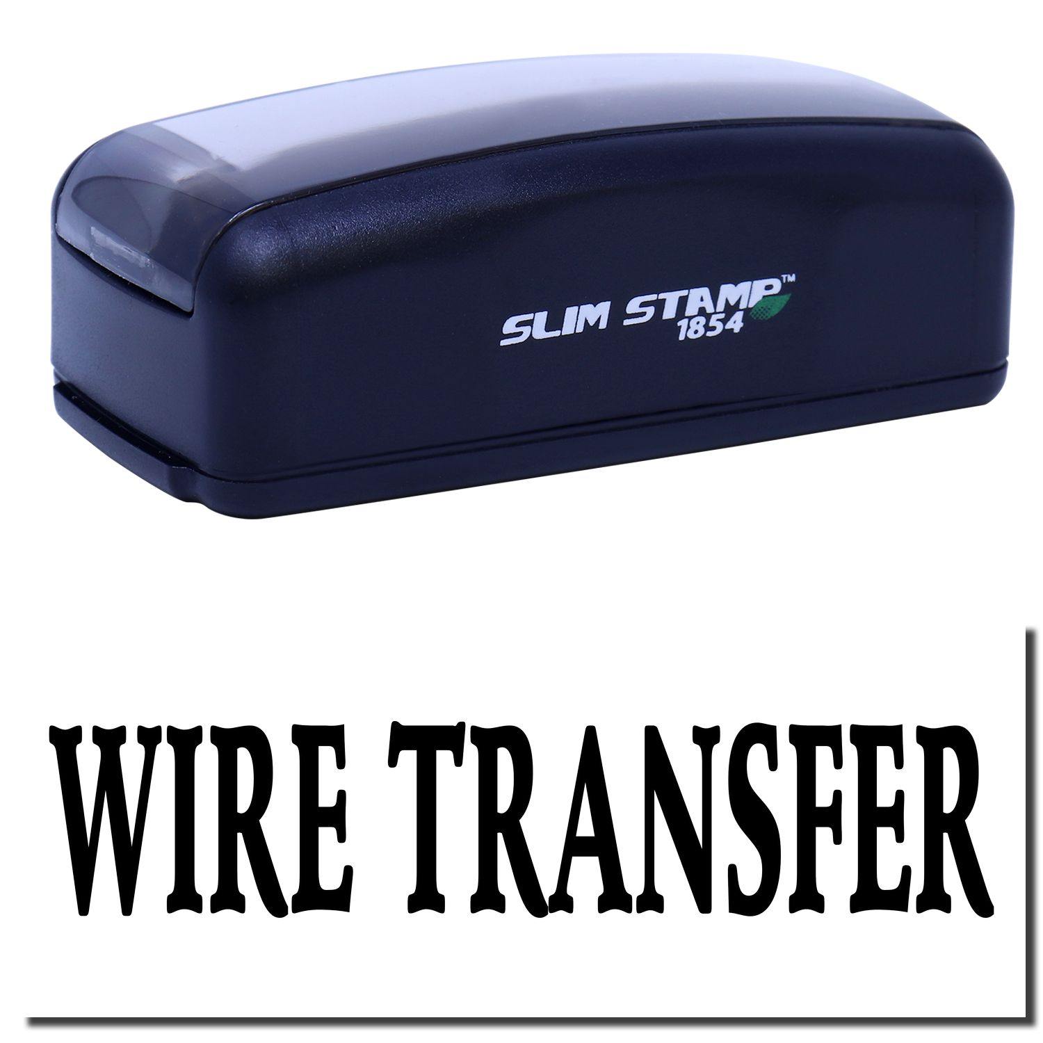 Large Pre-Inked Wire Transfer Stamp in black with WIRE TRANSFER text imprint, featuring a compact design and SLIM STAMP 1854 branding.