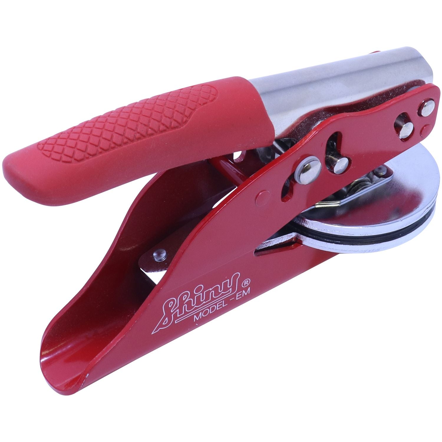 Red Professional Engineer Red Soft Seal Embosser with a textured handle, shiny metal components, and the brand name Shiny printed on the side. The embosser is angled, showing its compact design.