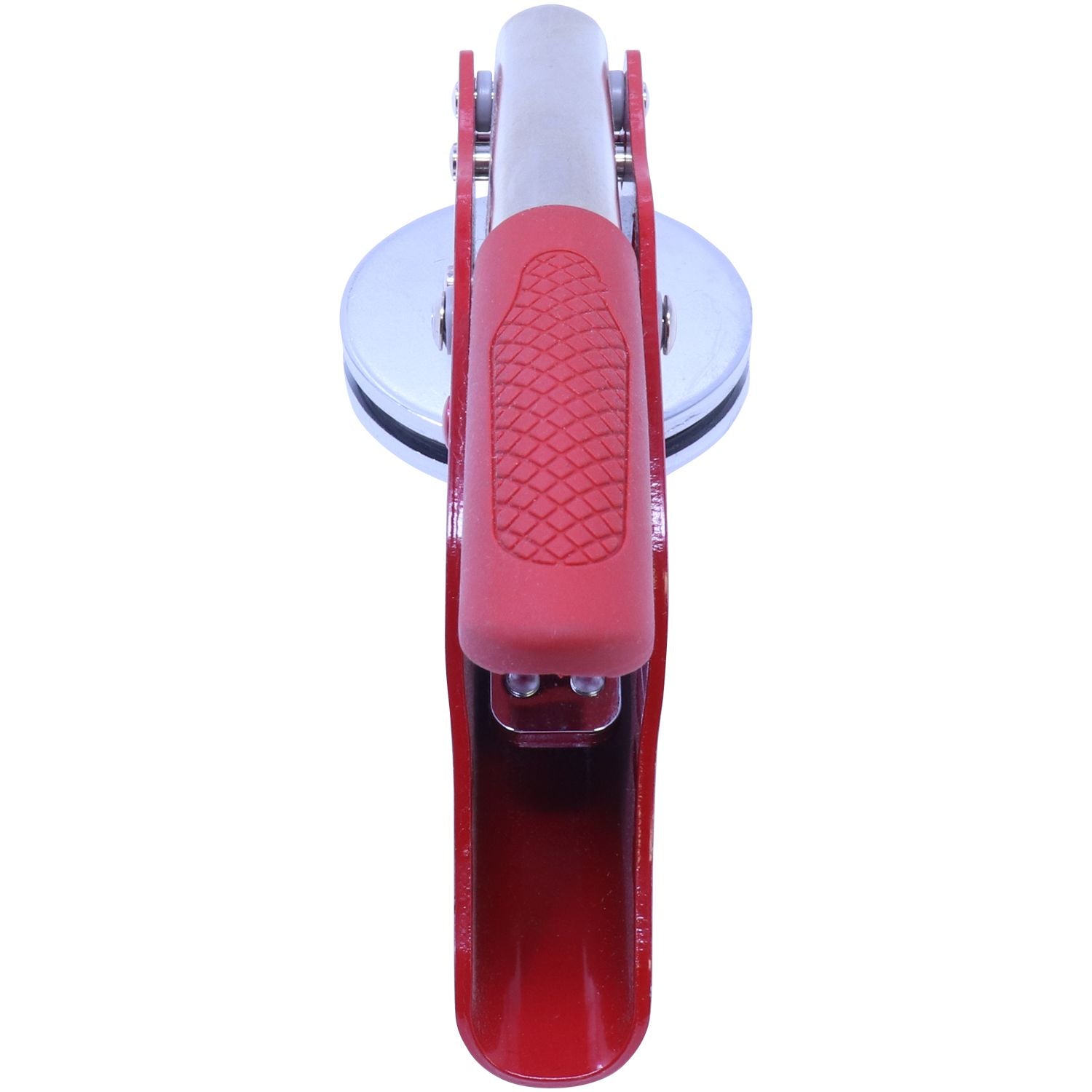 Front view of the Professional Engineer Red Soft Seal Embosser with a red handle and silver circular base, designed for creating embossed imprints.