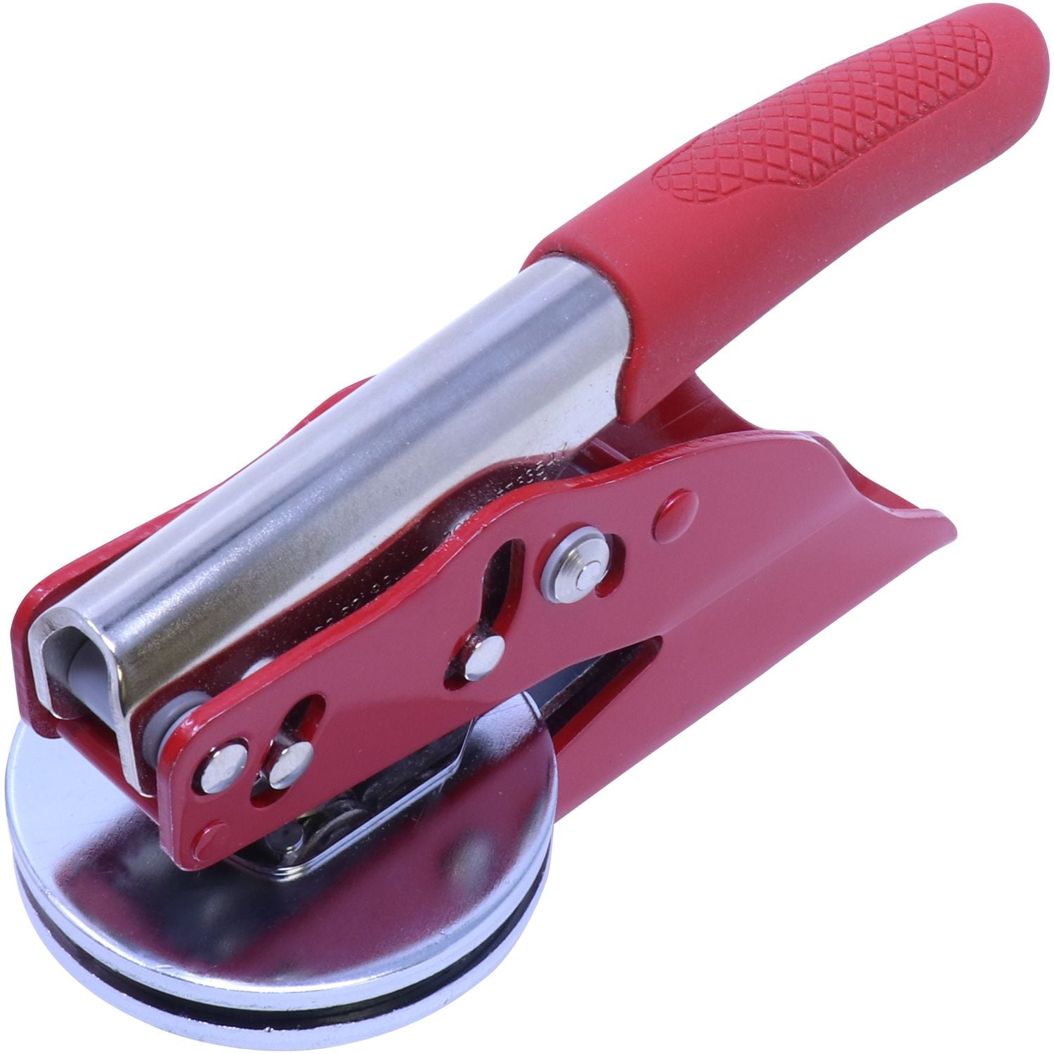 Red Professional Engineer Red Soft Seal Embosser with a textured handle, metal body, and circular base, designed for creating crisp, professional imprints.