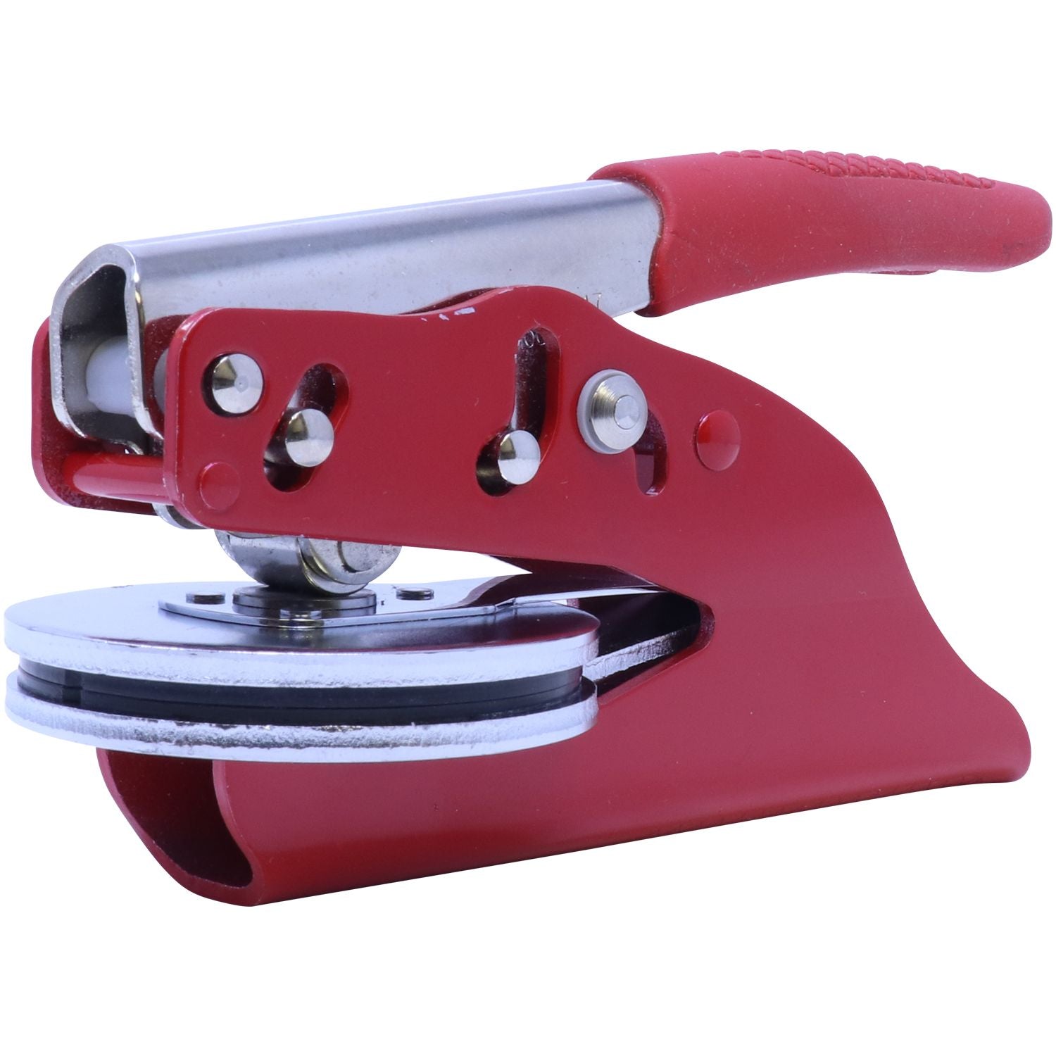 The Professional Engineer Red Soft Seal Embosser with a 2-inch imprint, featuring a sleek red handle and sturdy metal construction, angled side front view.