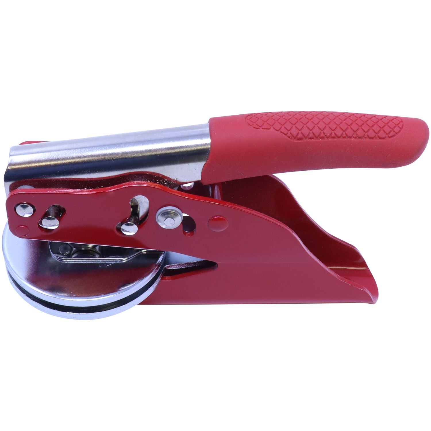 Professional Engineer Red Soft Seal Embosser with a red handle and metal components, designed for creating embossed imprints. The embosser is shown from an angled side view.