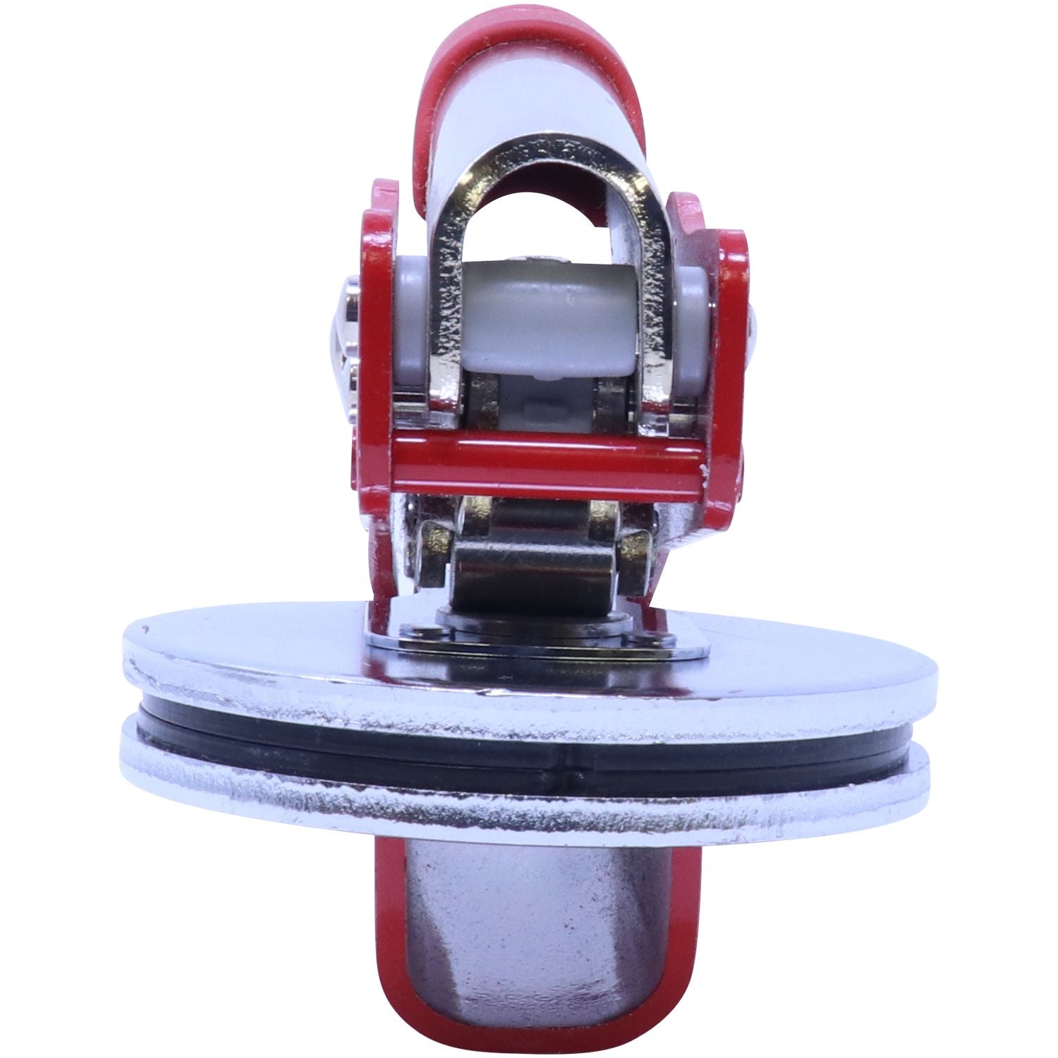 Front view of the Professional Engineer Red Soft Seal Embosser, showcasing its red and silver design with a close-up of the 2-inch imprint mechanism.