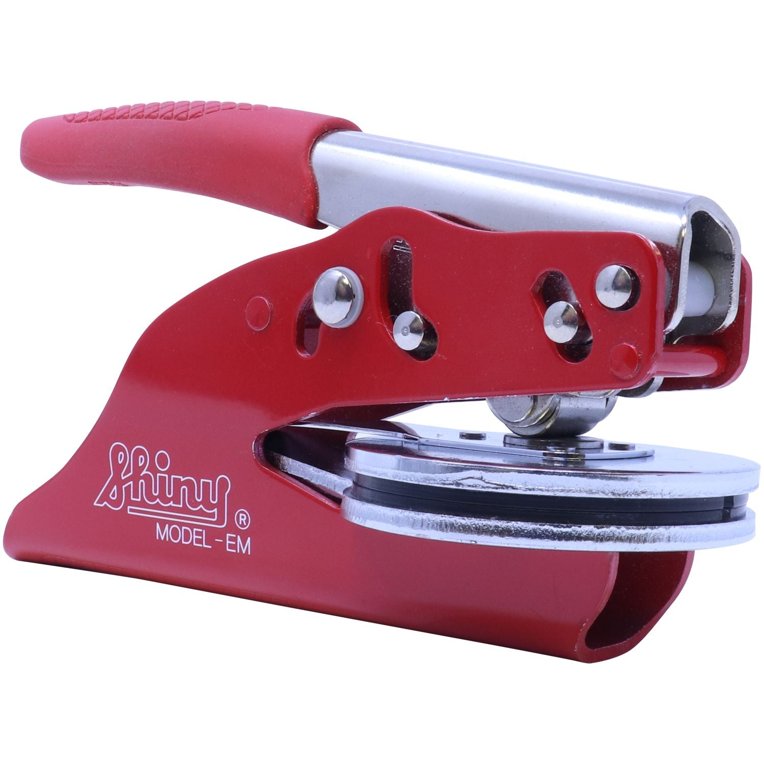 Red Professional Engineer Soft Seal Embosser with a sleek design, featuring a sturdy metal handle and a 2-inch imprint area. The embosser is labeled Shiny Model-EM and is designed for professional use.