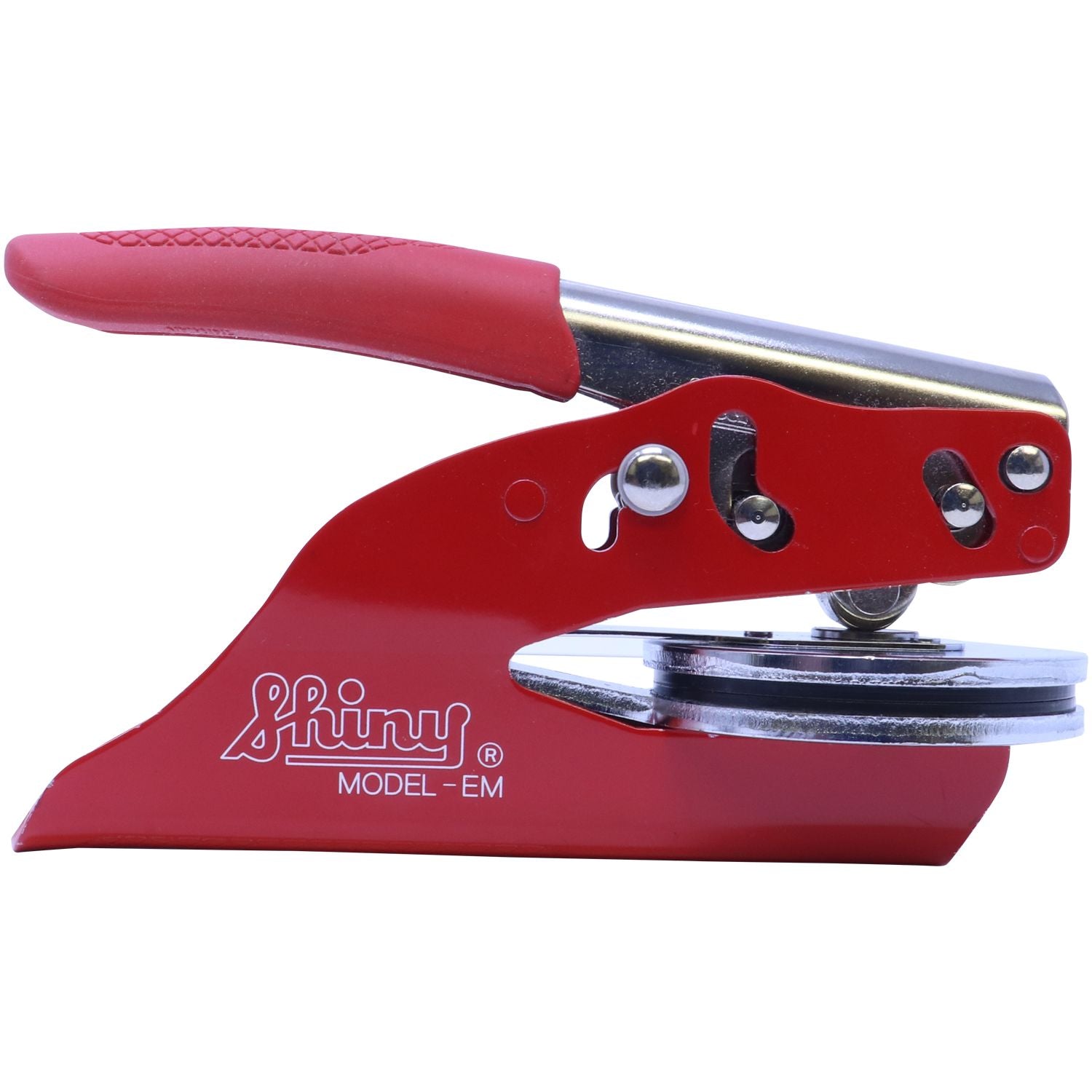 Professional Engineer Red Soft Seal Embosser with a sleek red handle and sturdy metal construction, designed for creating precise imprints. The embosser features the Shiny Model EM branding on its side.