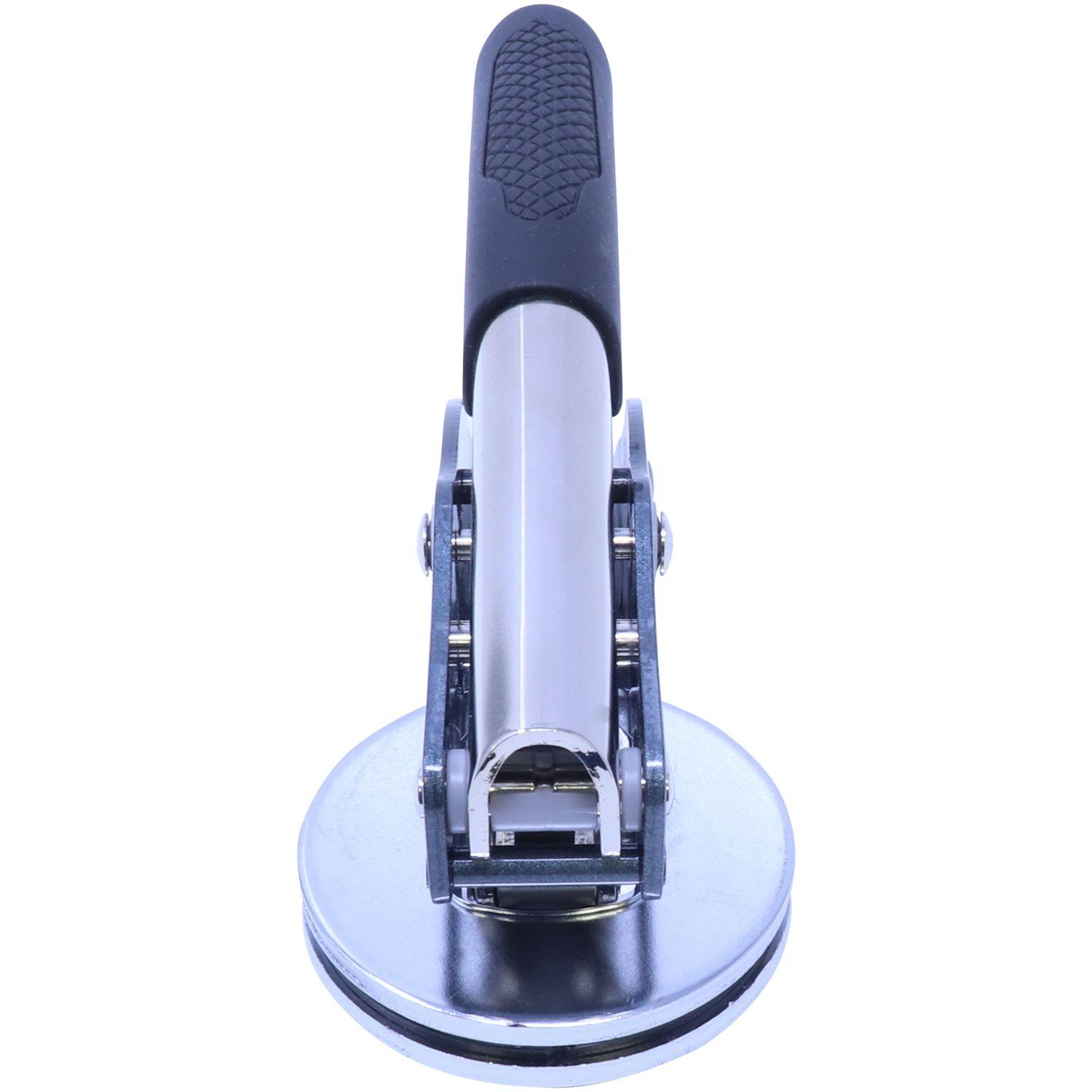 Front view of the Architect Soft Handheld Seal Embosser with a black ergonomic handle and a 2-inch imprint area, designed for creating embossed seals on documents.