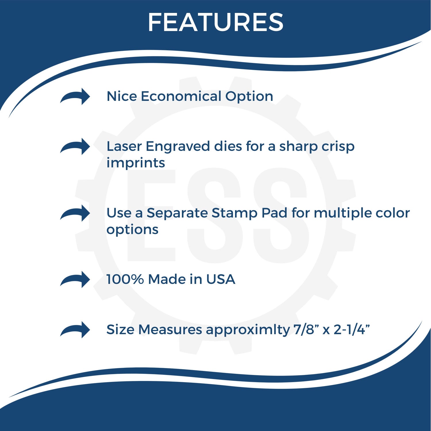 Infographic showing features of the Large Closing Statement Rubber Stamp, including economical option, laser engraved dies, and 100% made in USA.