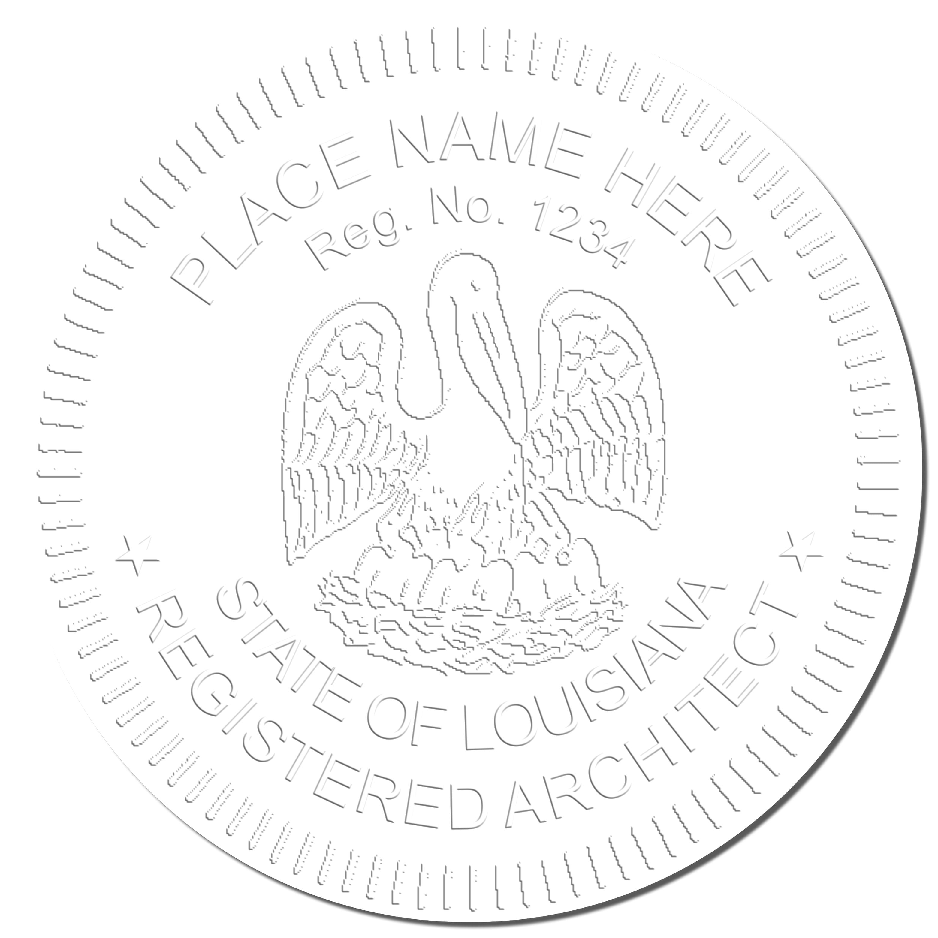 A photograph of the Extended Long Reach Louisiana Architect Seal Embosser stamp impression reveals a vivid, professional image of the on paper.