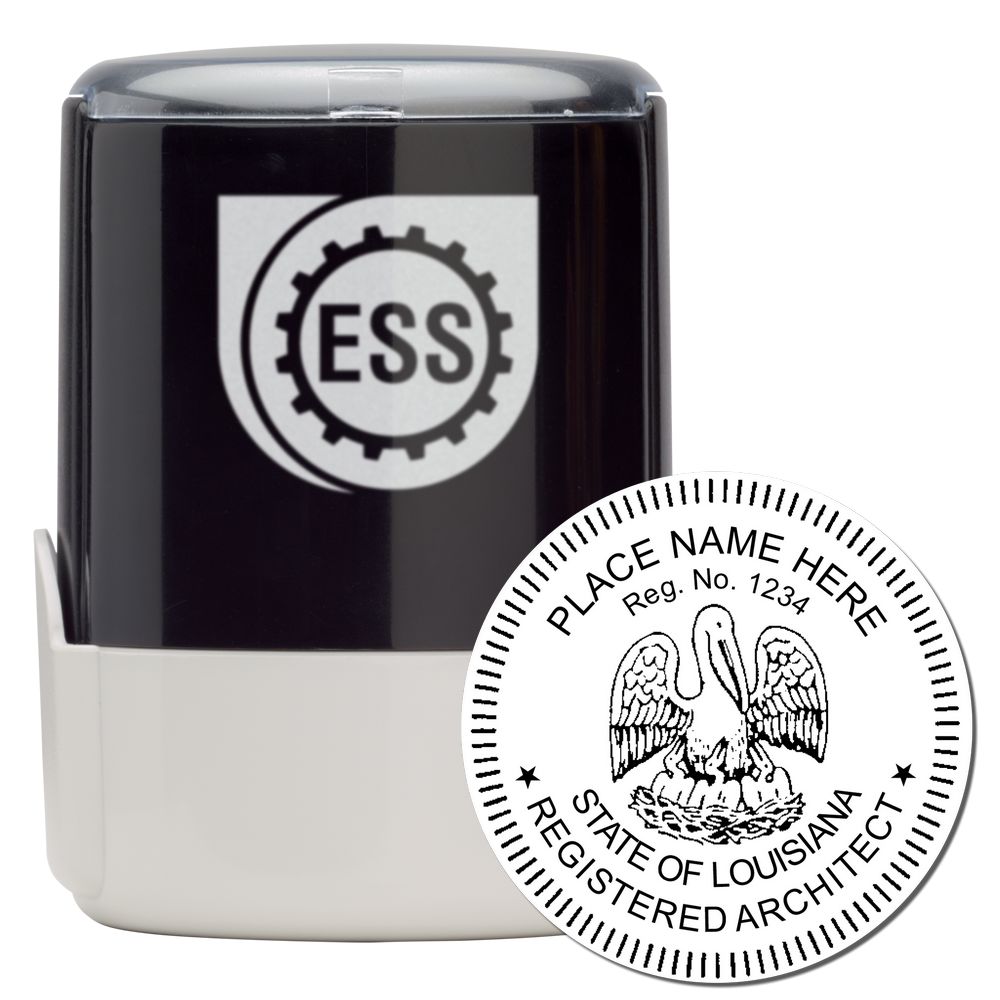 Self Inking Louisiana Architect Stamp with black casing and a sample imprint showing a pelican and text for registered architects in Louisiana.