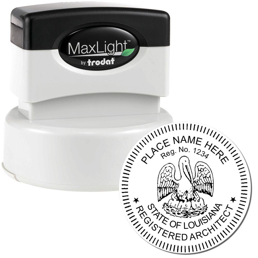 Premium MaxLight Pre-Inked Louisiana Architectural Stamp with a black and white design featuring a pelican and customizable text.