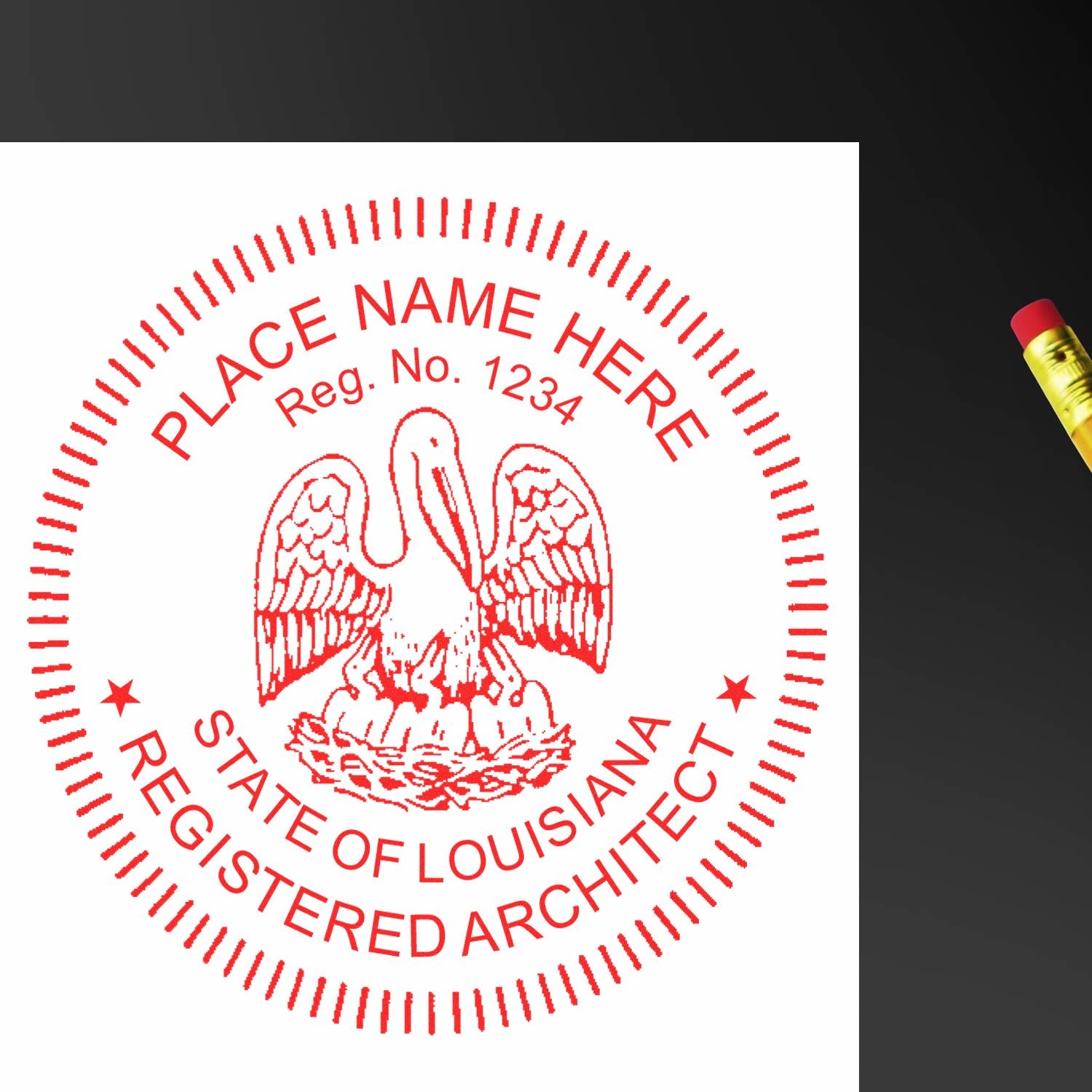 Red Self Inking Louisiana Architect Stamp with a pelican design, customizable with name and registration number, shown next to a pencil eraser.