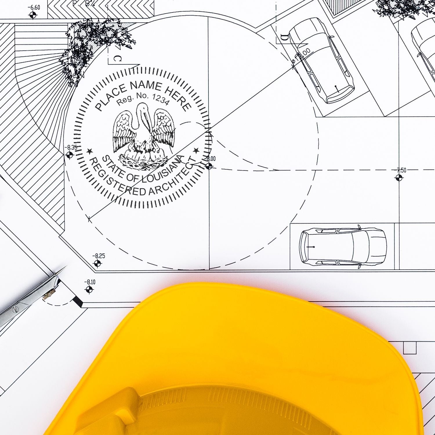 Self Inking Louisiana Architect Stamp in use on architectural blueprint with a yellow hard hat and pen nearby.