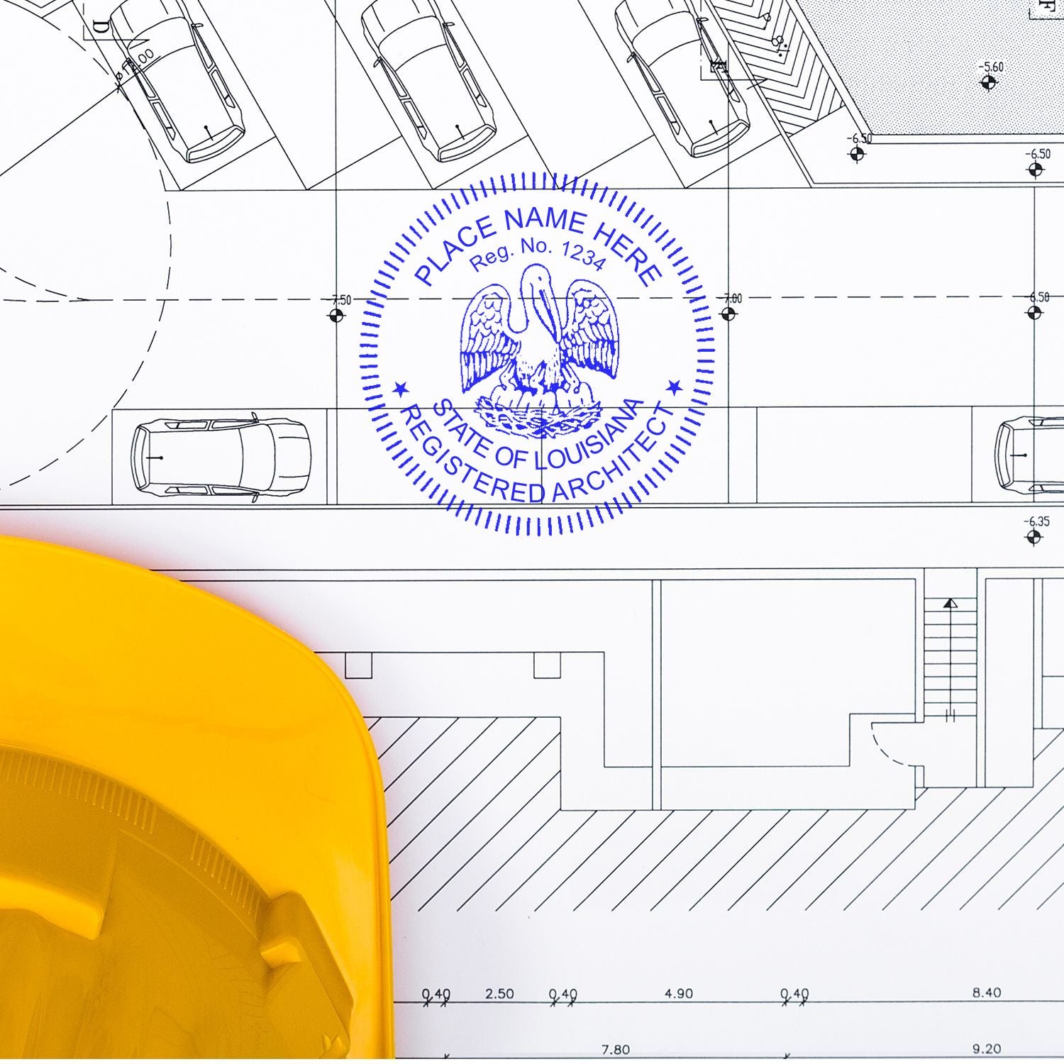 Self Inking Louisiana Architect Stamp in use on architectural blueprints, with a yellow hard hat partially visible in the foreground.