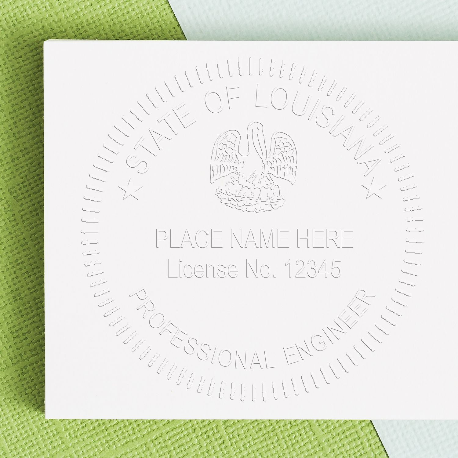 A close-up of a white paper embossed with a seal that reads 'State of Louisiana, Professional Engineer, License No. 12345' using the Professional Engineer Black Gift Seal Embosser.