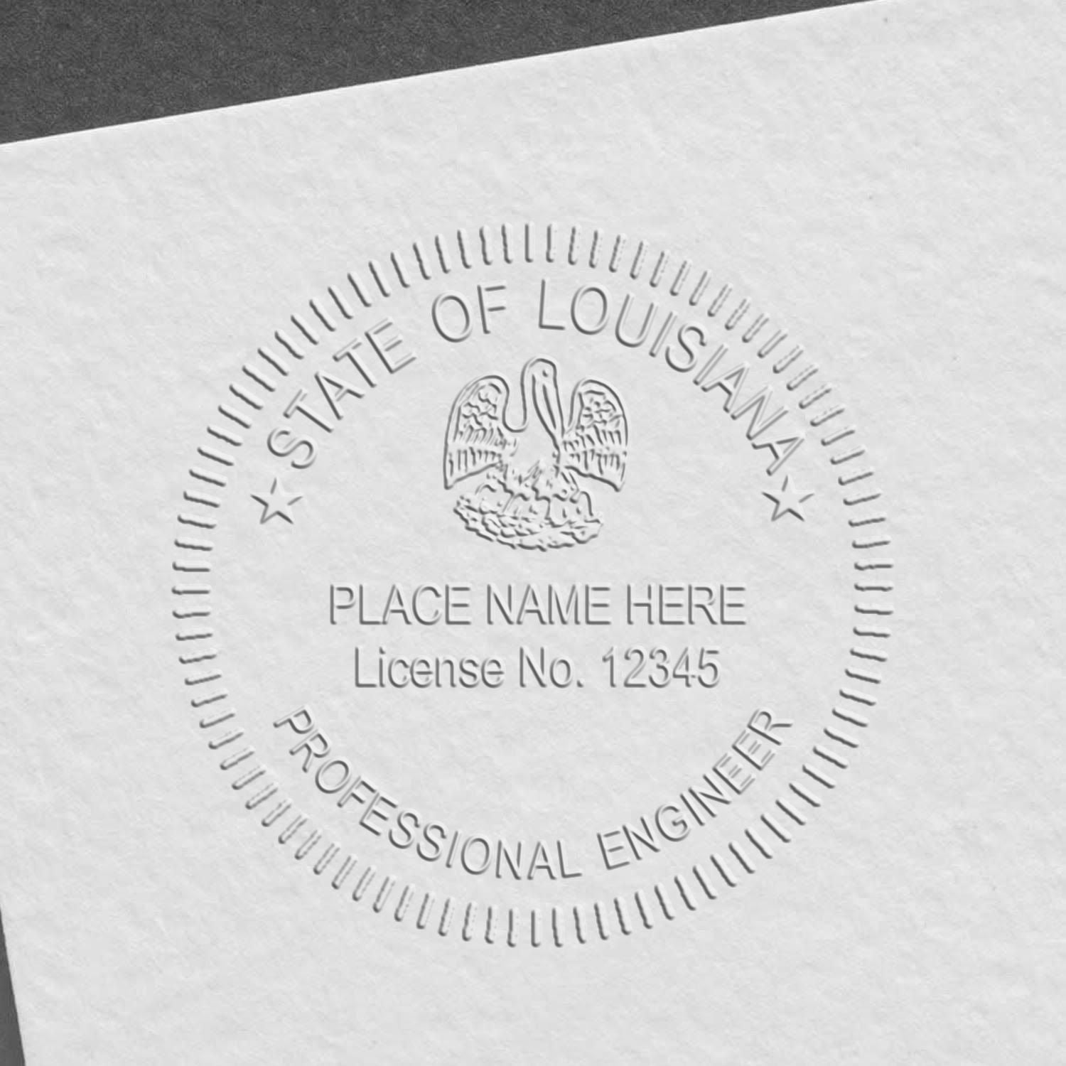 The State of Louisiana Extended Long Reach Engineer Seal stamp impression comes to life with a crisp, detailed photo on paper - showcasing true professional quality.