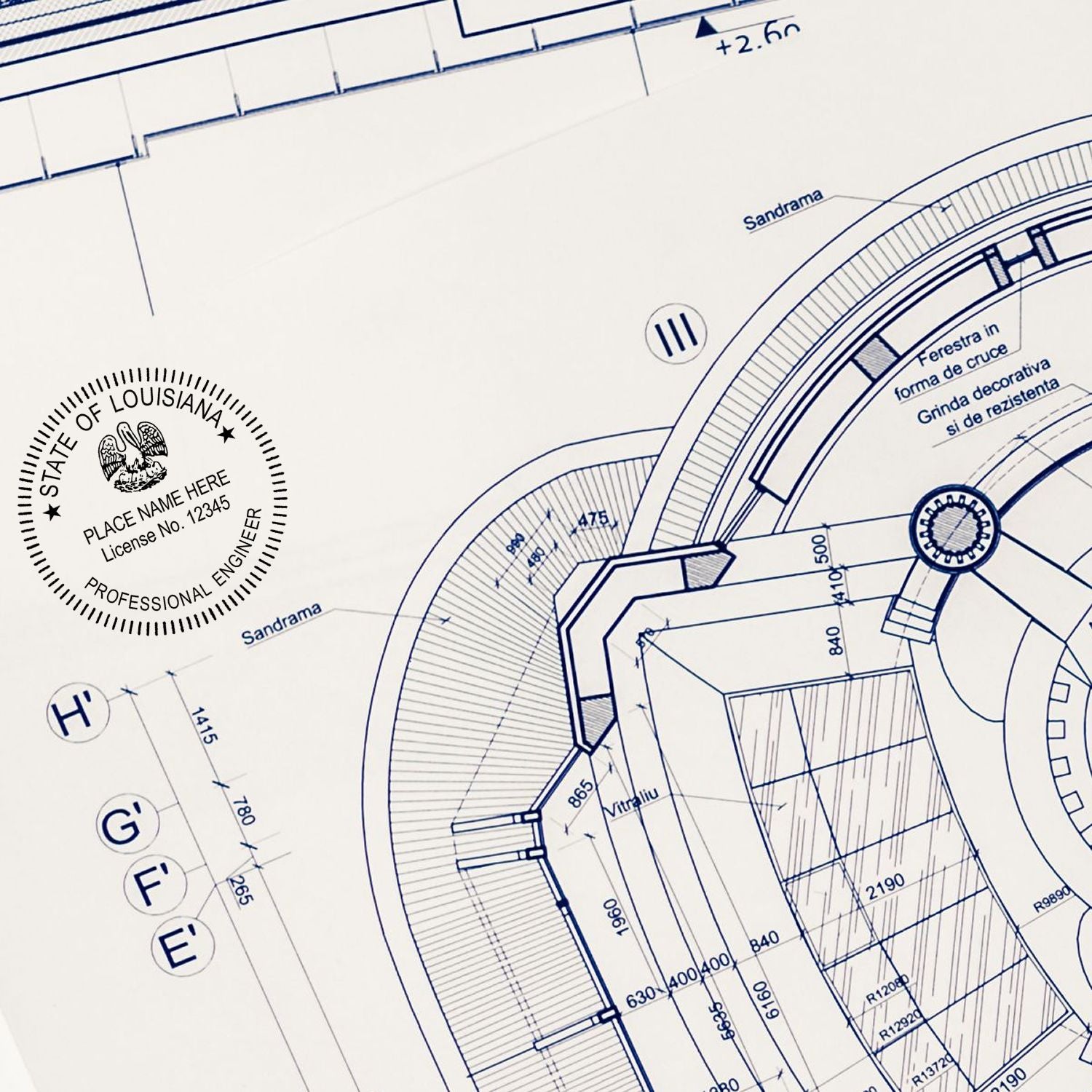 An alternative view of the Digital Louisiana PE Stamp and Electronic Seal for Louisiana Engineer stamped on a sheet of paper showing the image in use