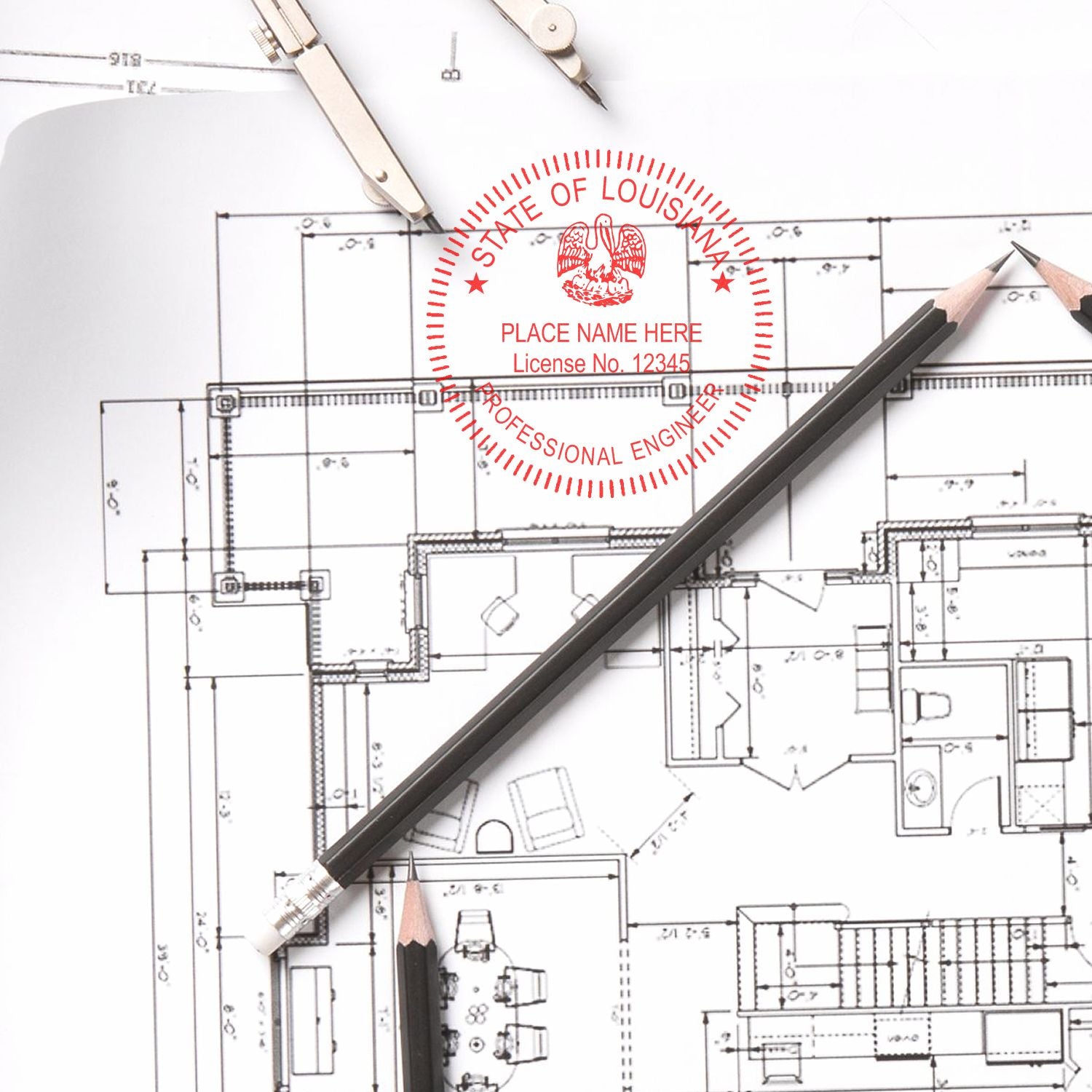 An alternative view of the Premium MaxLight Pre-Inked Louisiana Engineering Stamp stamped on a sheet of paper showing the image in use