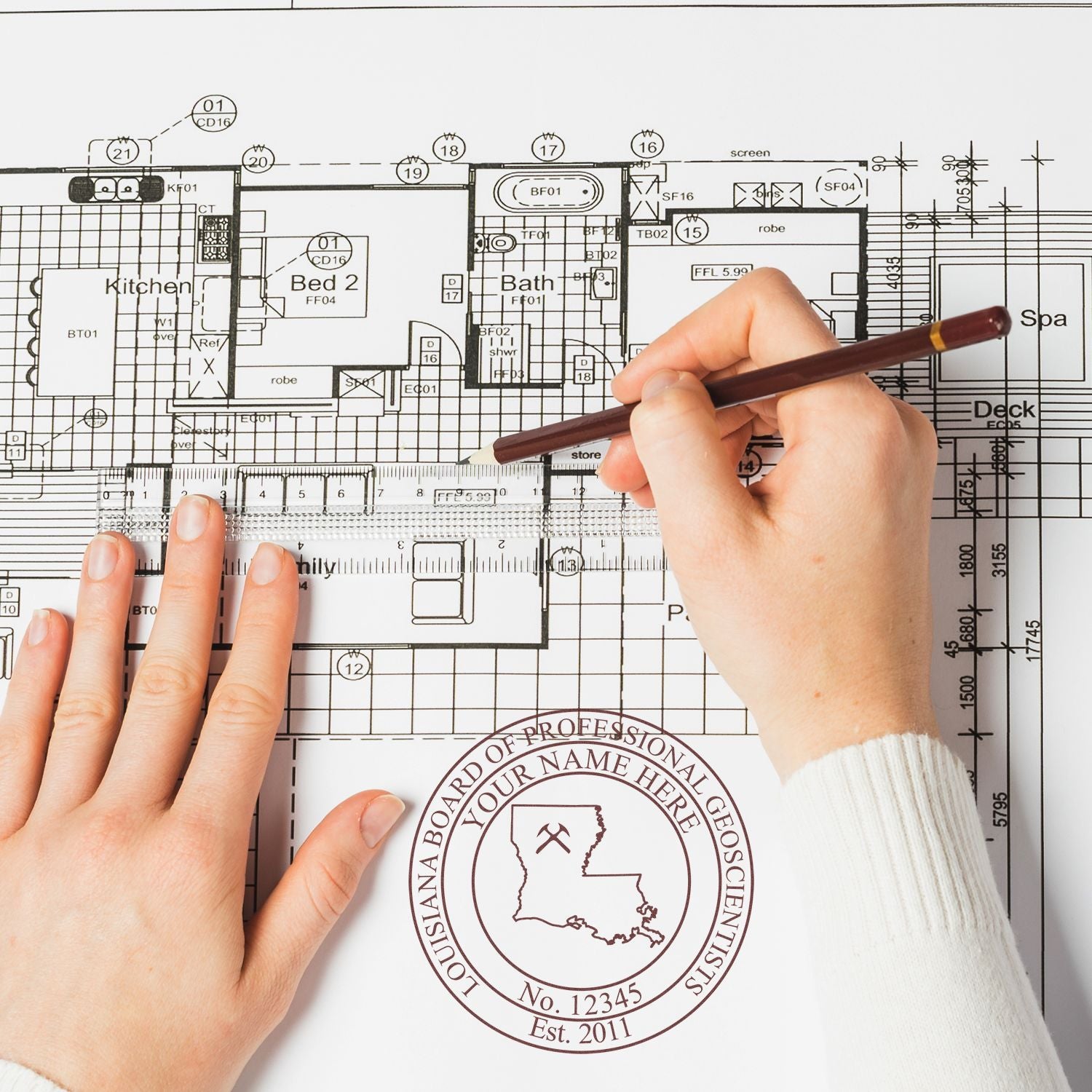 The Self-Inking Louisiana Geologist Stamp stamp impression comes to life with a crisp, detailed image stamped on paper - showcasing true professional quality.