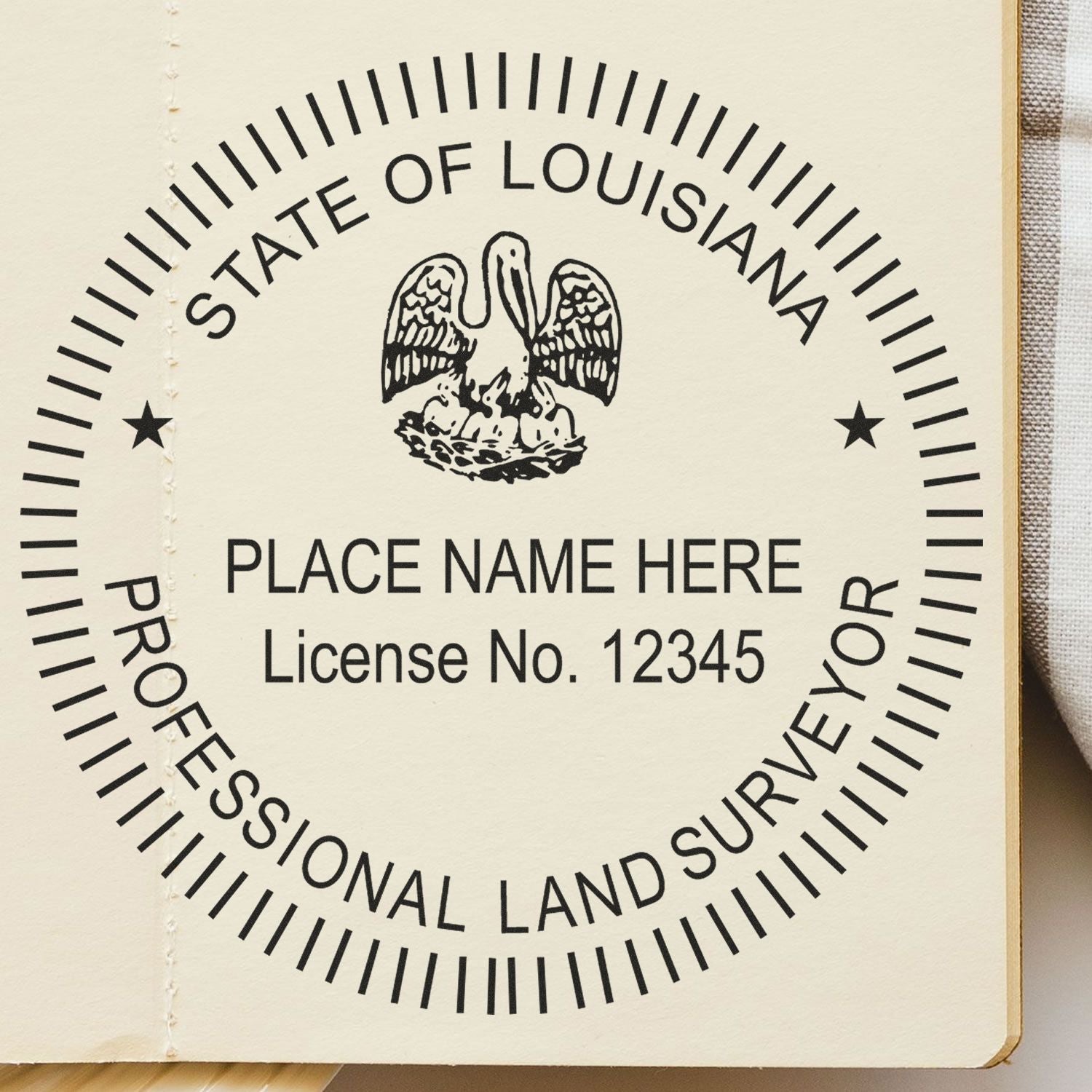 A lifestyle photo showing a stamped image of the Slim Pre-Inked Louisiana Land Surveyor Seal Stamp on a piece of paper