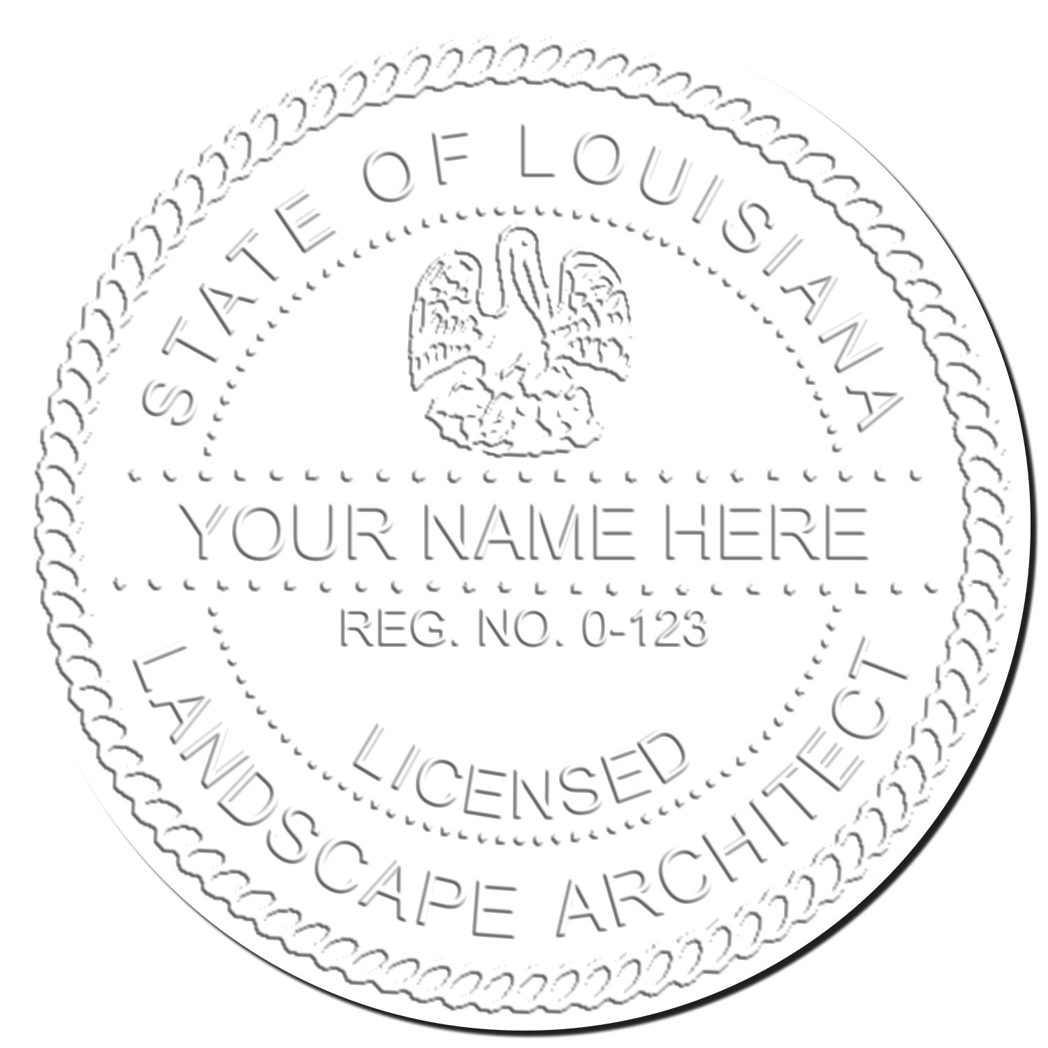 This paper is stamped with a sample imprint of the Louisiana Long Reach Landscape Architect Embossing Stamp, signifying its quality and reliability.