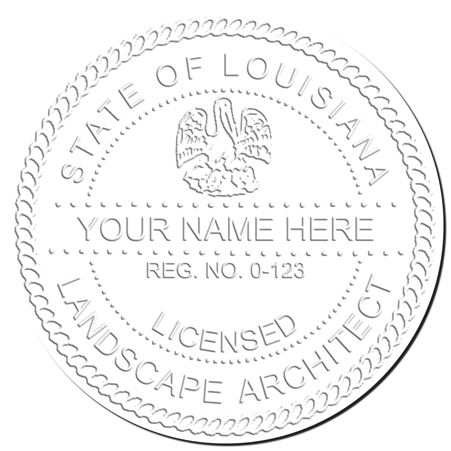 This paper is stamped with a sample imprint of the Louisiana Desk Landscape Architectural Seal Embosser, signifying its quality and reliability.