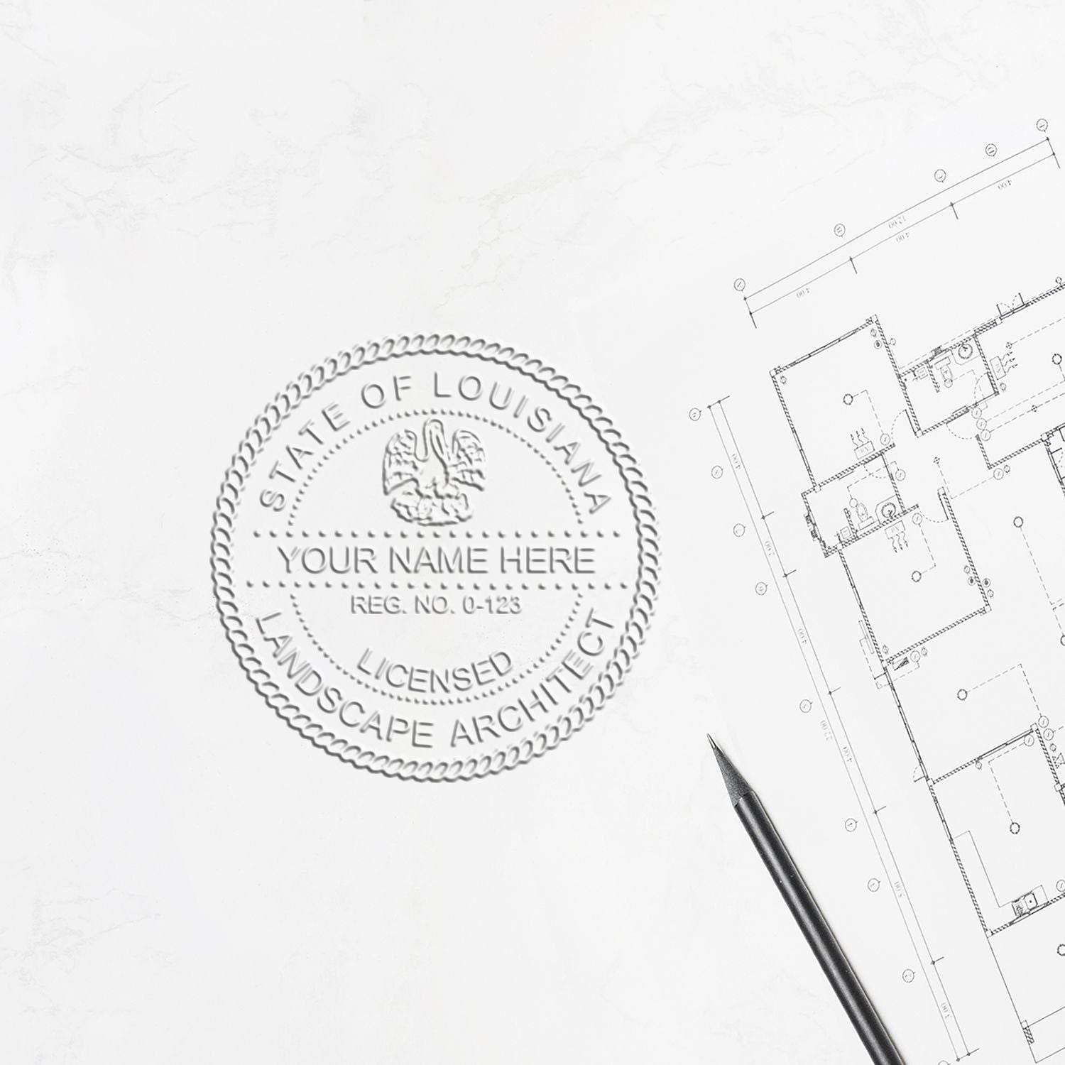 Another Example of a stamped impression of the Louisiana Long Reach Landscape Architect Embossing Stamp on a piece of office paper.