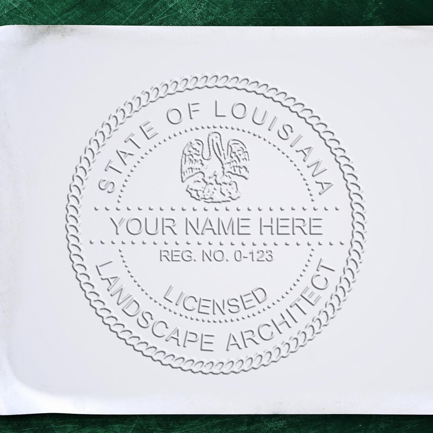 A photograph of the Hybrid Louisiana Landscape Architect Seal stamp impression reveals a vivid, professional image of the on paper.