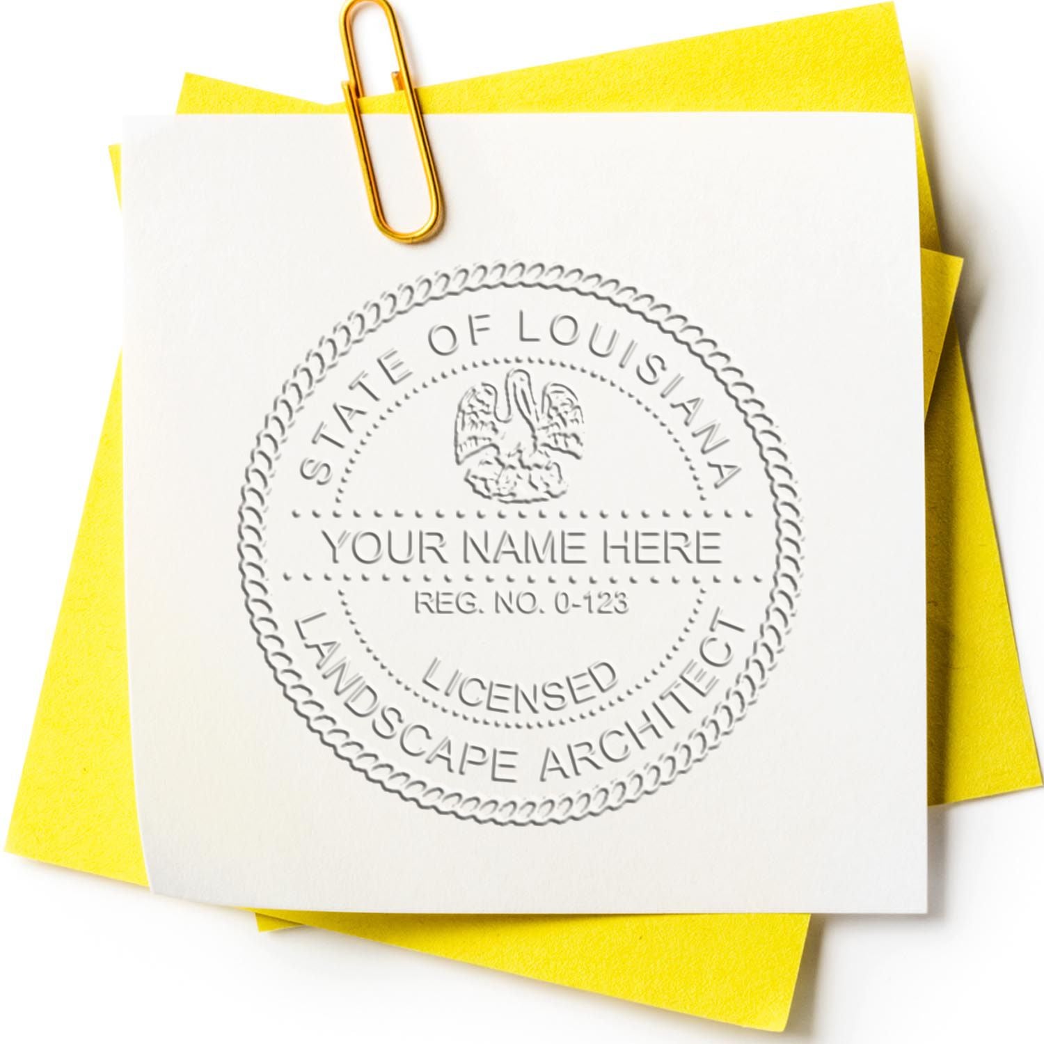 A photograph of the State of Louisiana Handheld Landscape Architect Seal stamp impression reveals a vivid, professional image of the on paper.