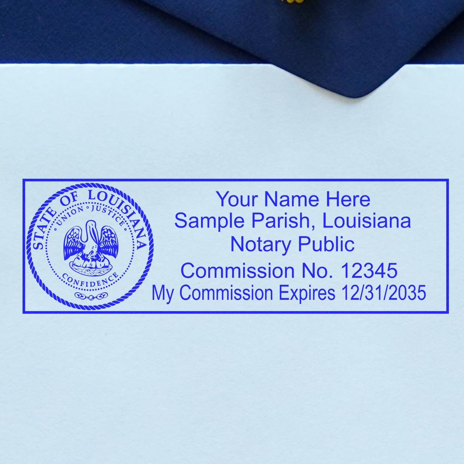 A lifestyle photo showing a stamped image of the Wooden Handle Louisiana State Seal Notary Public Stamp on a piece of paper