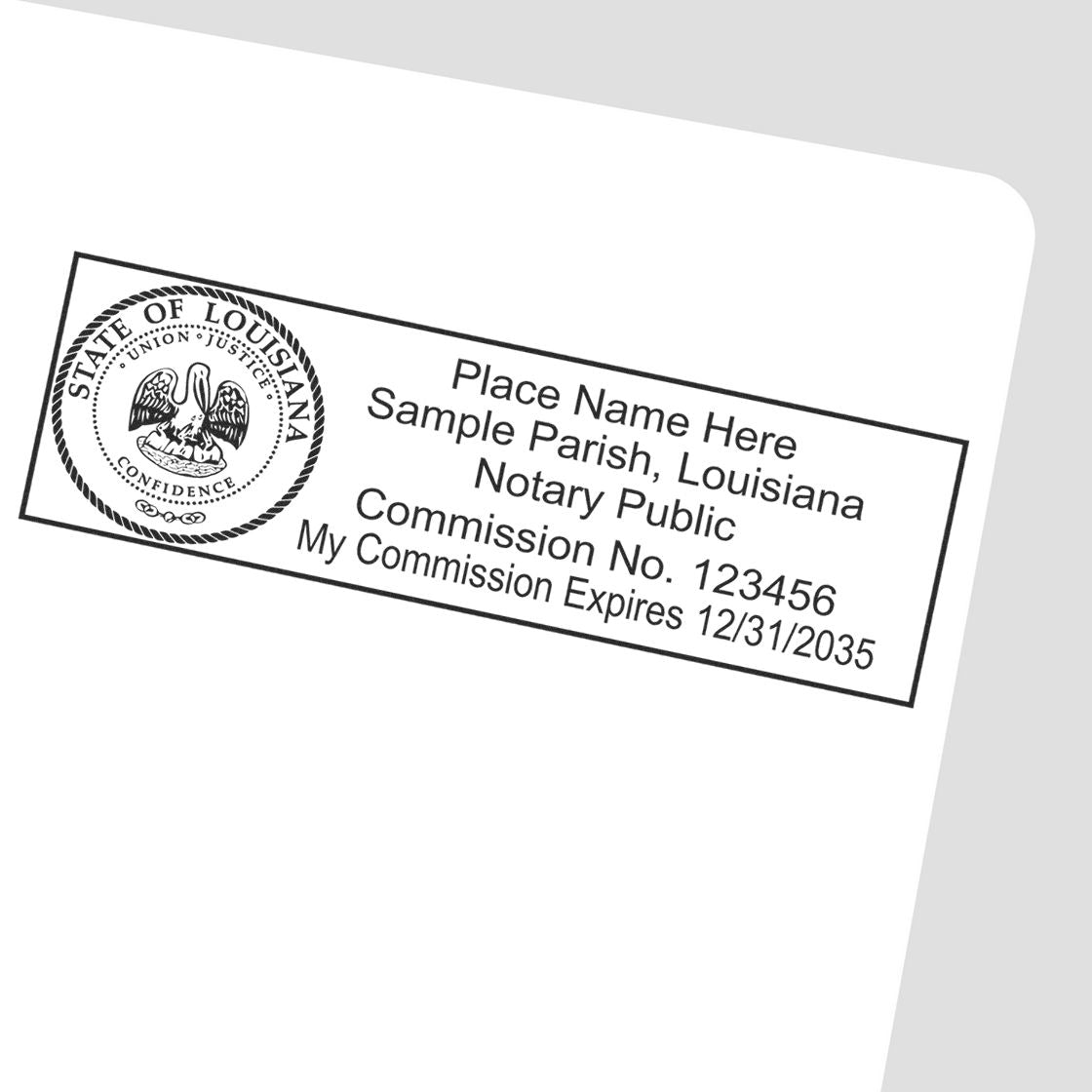 Another Example of a stamped impression of the Self-Inking State Seal Louisiana Notary Stamp on a piece of office paper.