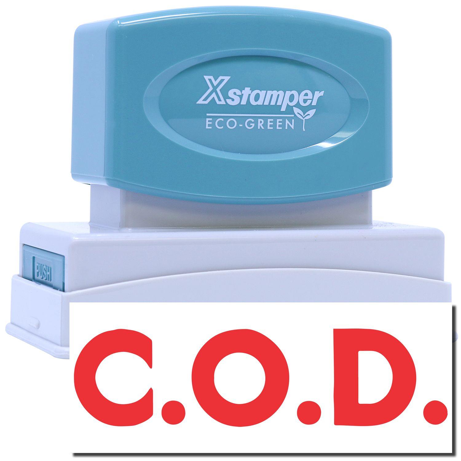 Jumbo Bold Red C.O.D. Xstamper Stamp with a blue handle and white base, featuring bold red C.O.D. text on the stamp imprint.