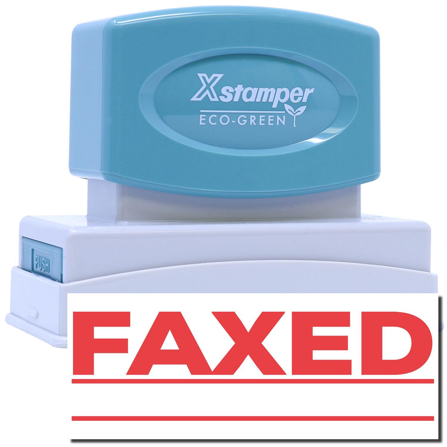 Jumbo Bold Red Faxed Xstamper Stamp with a blue handle and white base, featuring a bold red FAXED imprint below the stamp.