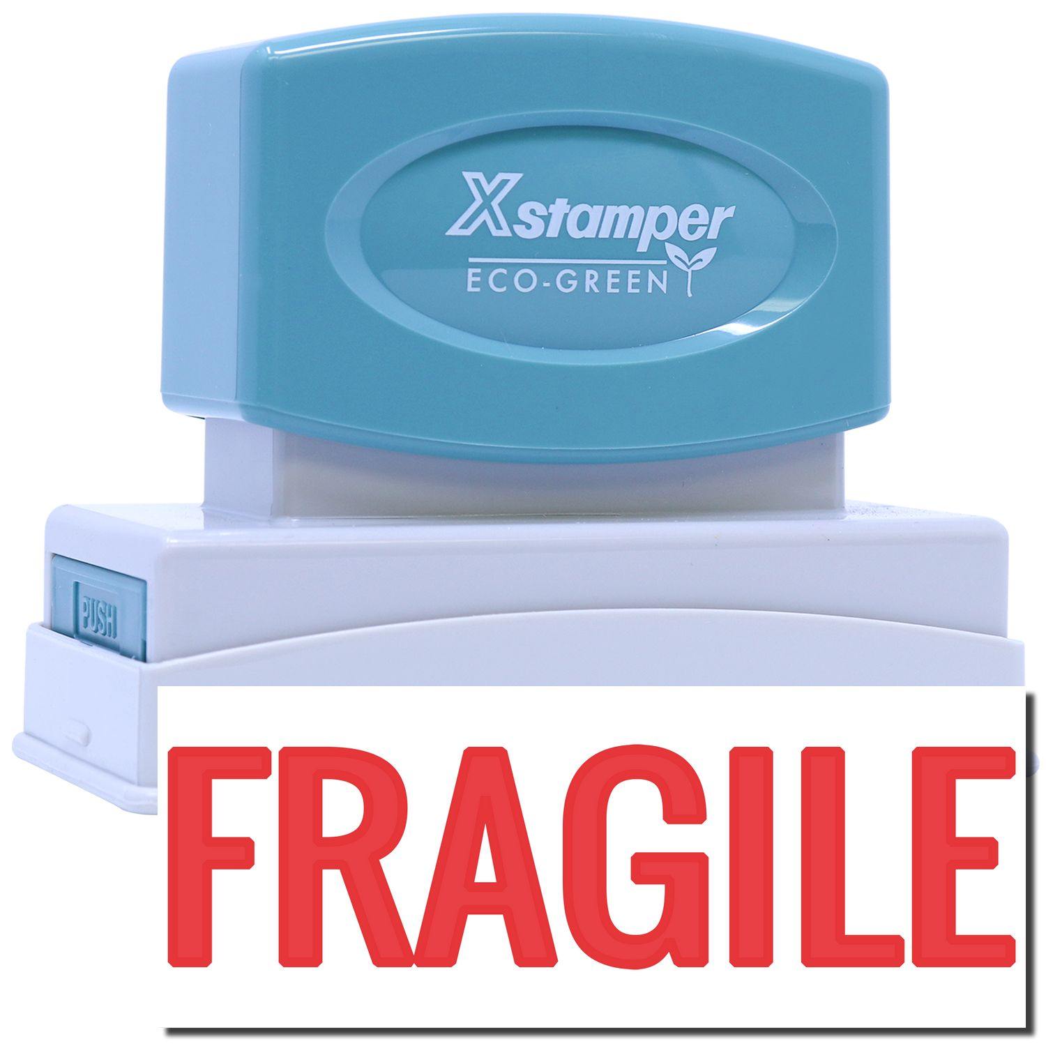 Jumbo Bold Red Fragile Xstamper Stamp with a blue handle and white base, displaying the word FRAGILE in large red letters.