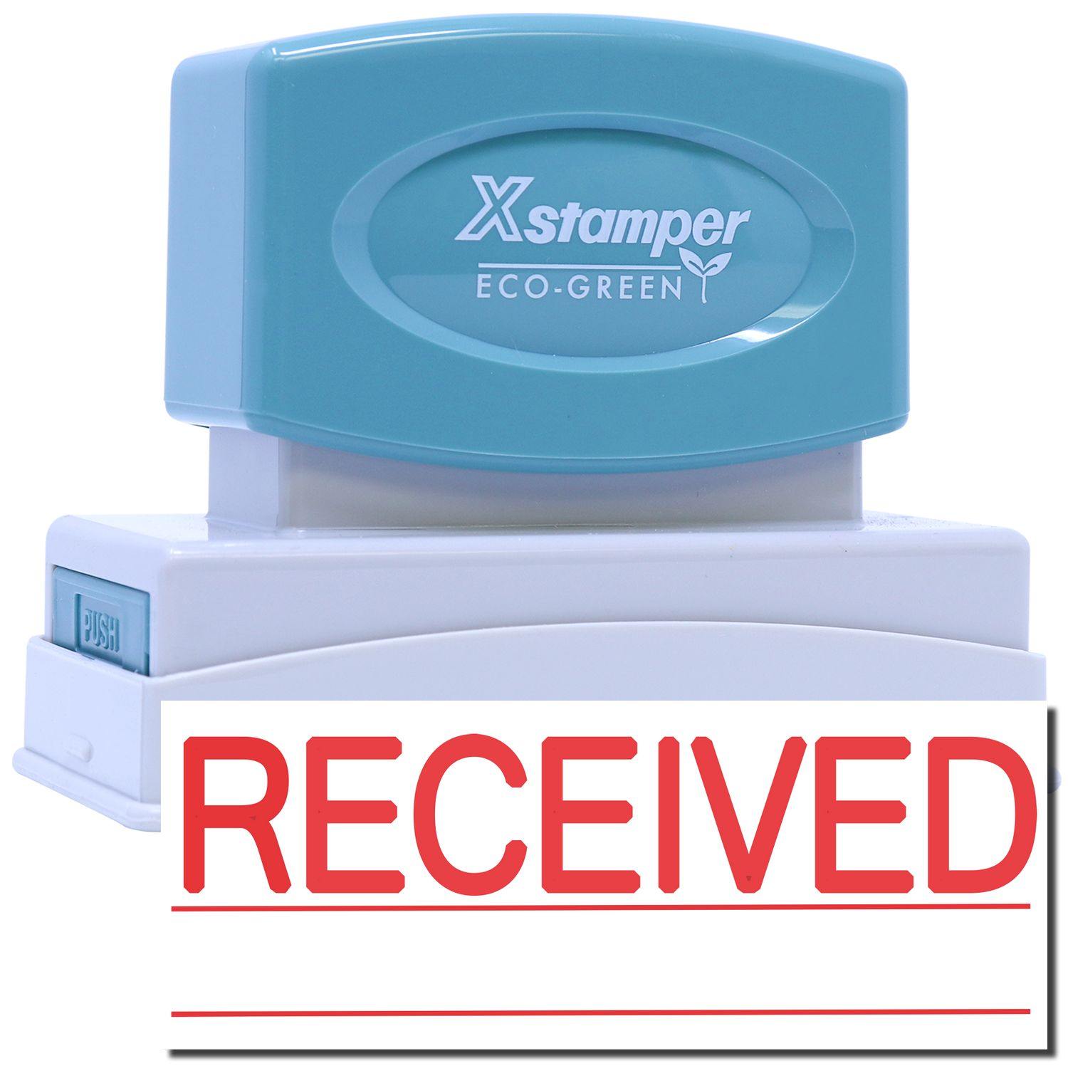 Jumbo Bold Red Received Xstamper Stamp with a blue handle and white base, displaying the word RECEIVED in bold red letters.