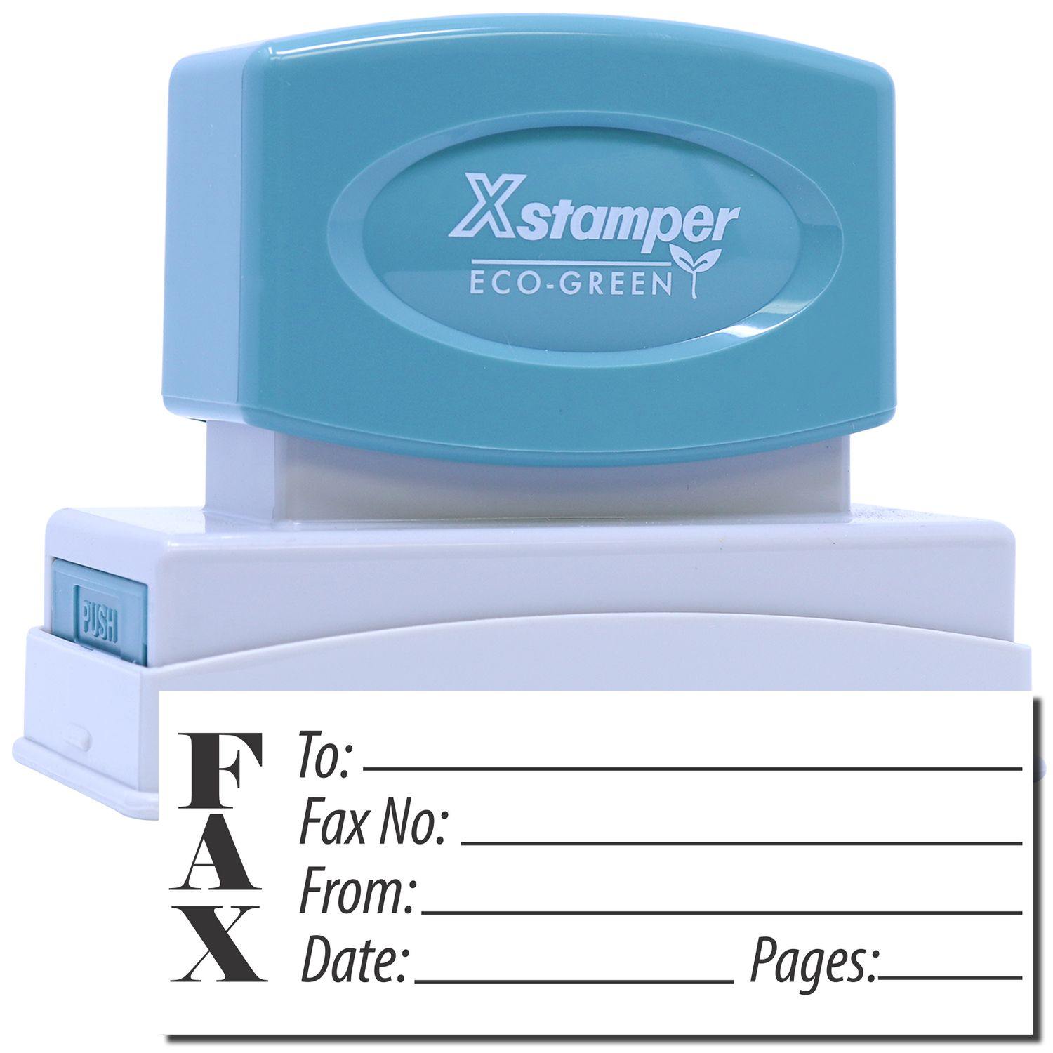 Jumbo Fax Xstamper Stamp with a blue top and white base, featuring a FAX form for To, Fax No, From, Date, and Pages.