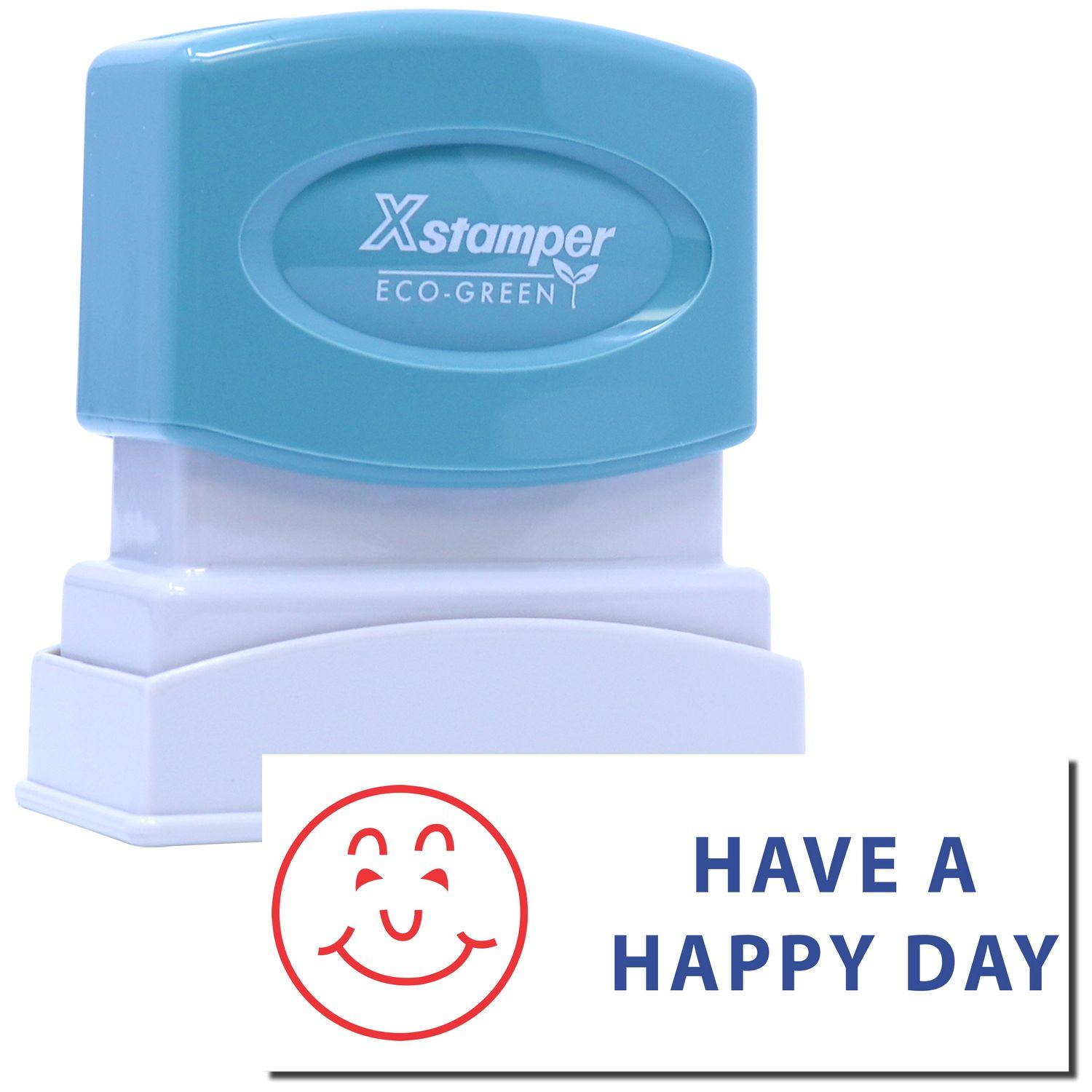 Two-Color Have A Happy Day Xstamper Stamp with a blue handle and white base, featuring a red smiley face and HAVE A HAPPY DAY text.