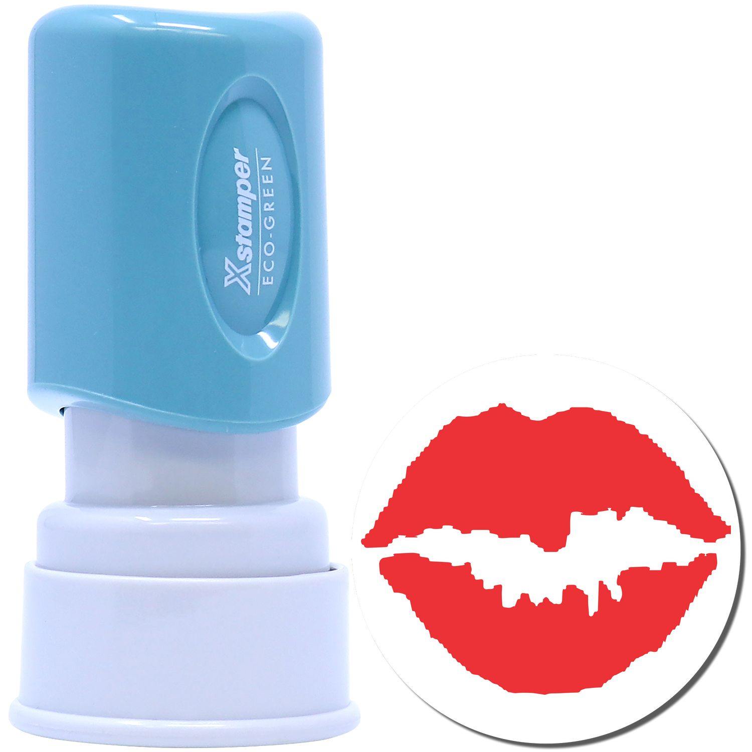 Blue Round Kiss Xstamper Stamp with a white base, shown next to a red kiss mark imprint.