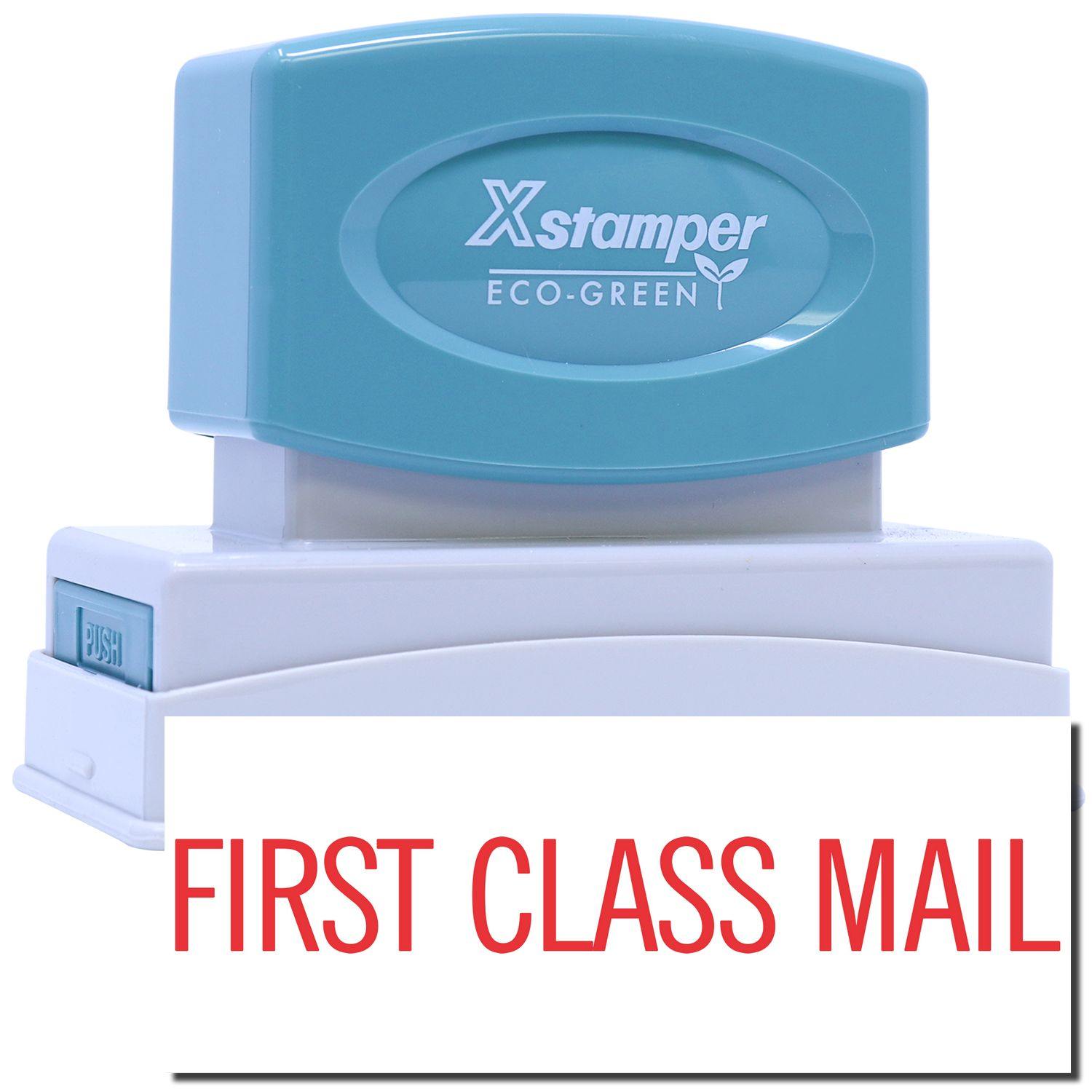 Jumbo Large Red First Class Mail Xstamper Stamp with a blue handle and white base, showing a red FIRST CLASS MAIL imprint on a white surface.