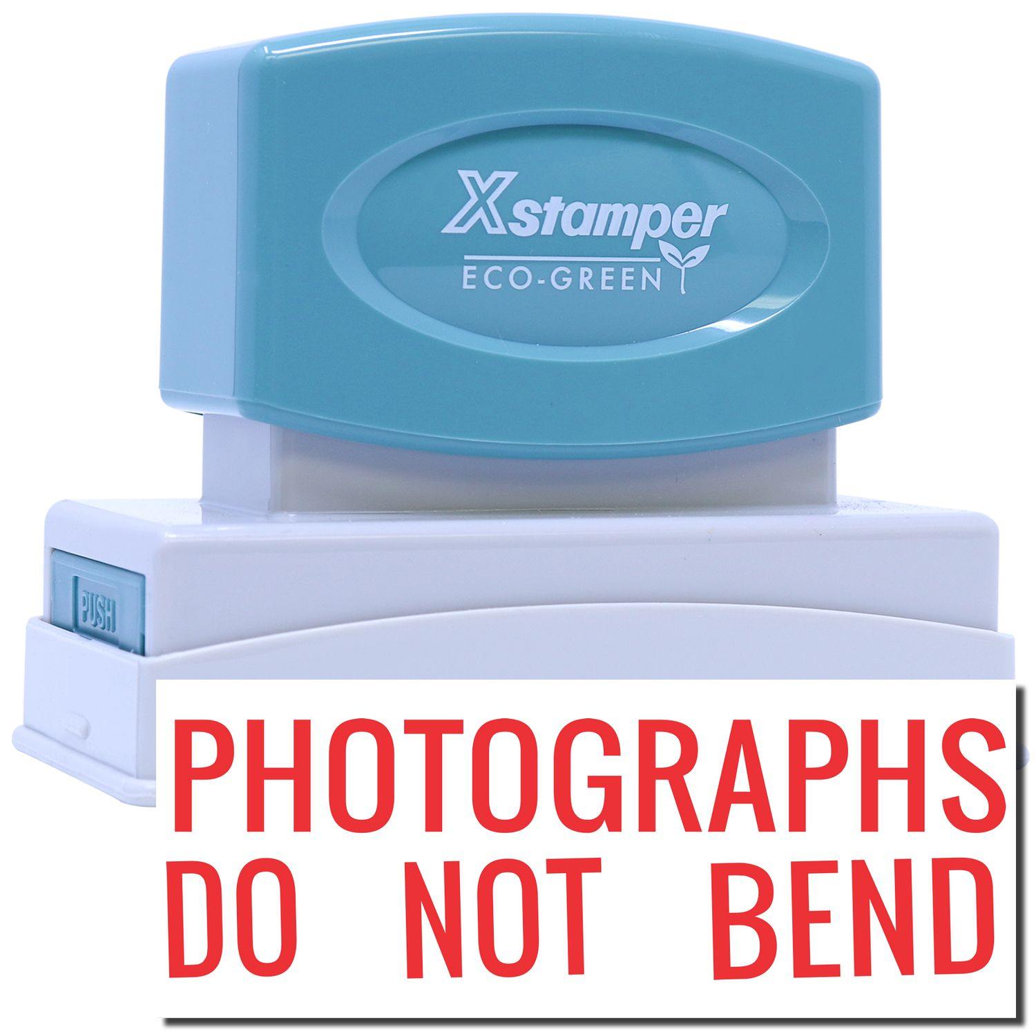 Jumbo Photographs Do Not Bend Xstamper Stamp with blue handle and white base, featuring red text PHOTOGRAPHS DO NOT BEND on the stamp.